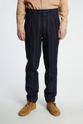 Bohemian Trousers in a Navy and Tonal Brown Blue Stripe Italian Linen