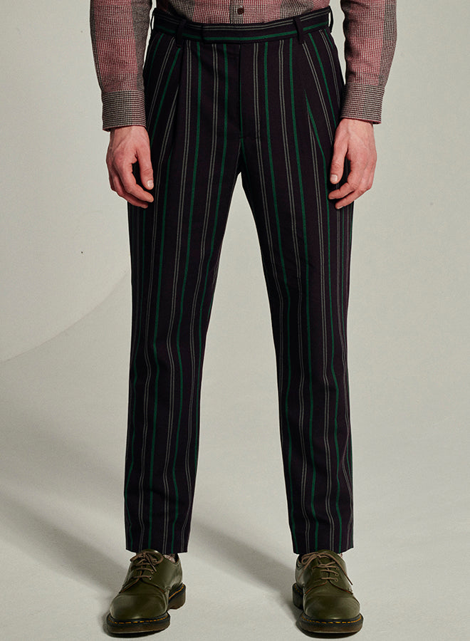 Bohemian Trousers in a Purple and Emerald Green Stripe Fine Italian Cotton