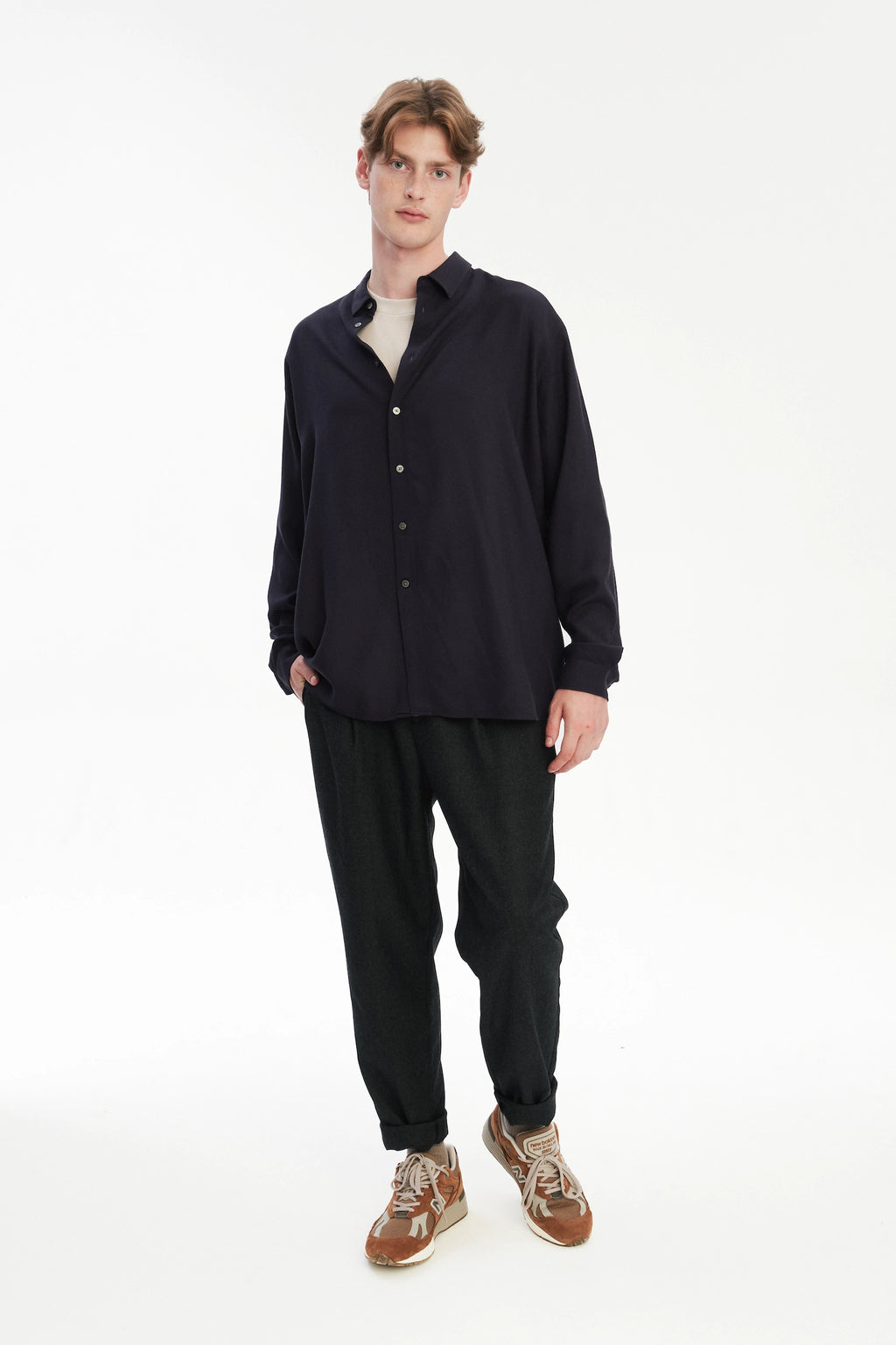 Long Sleeve Oversized Boxy Shirt in a Navy Portuguese Modal and Merino Wool Blend