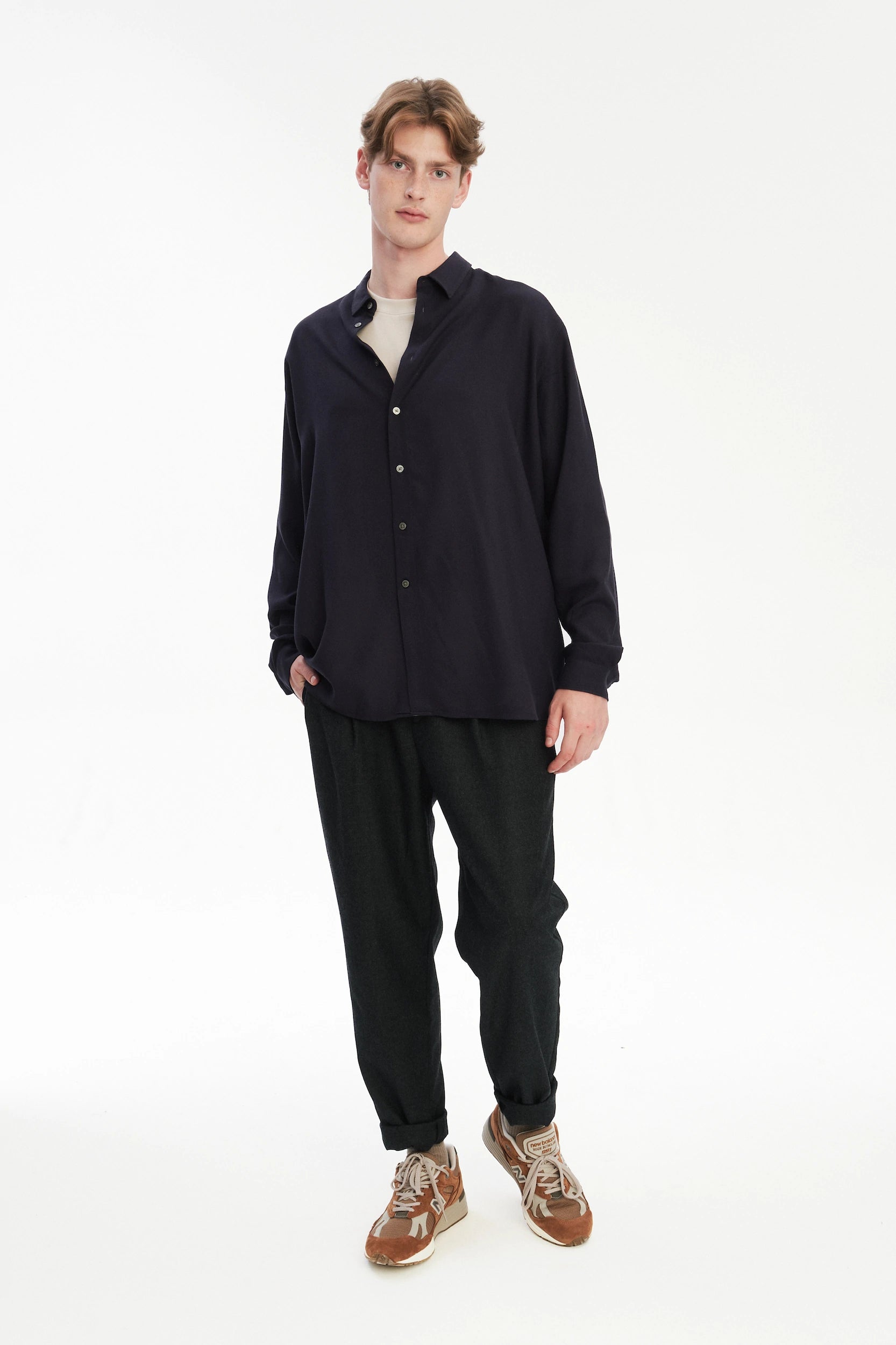 Long Sleeve Oversized Boxy Shirt in a Navy Portuguese Modal and Merino Wool Blend