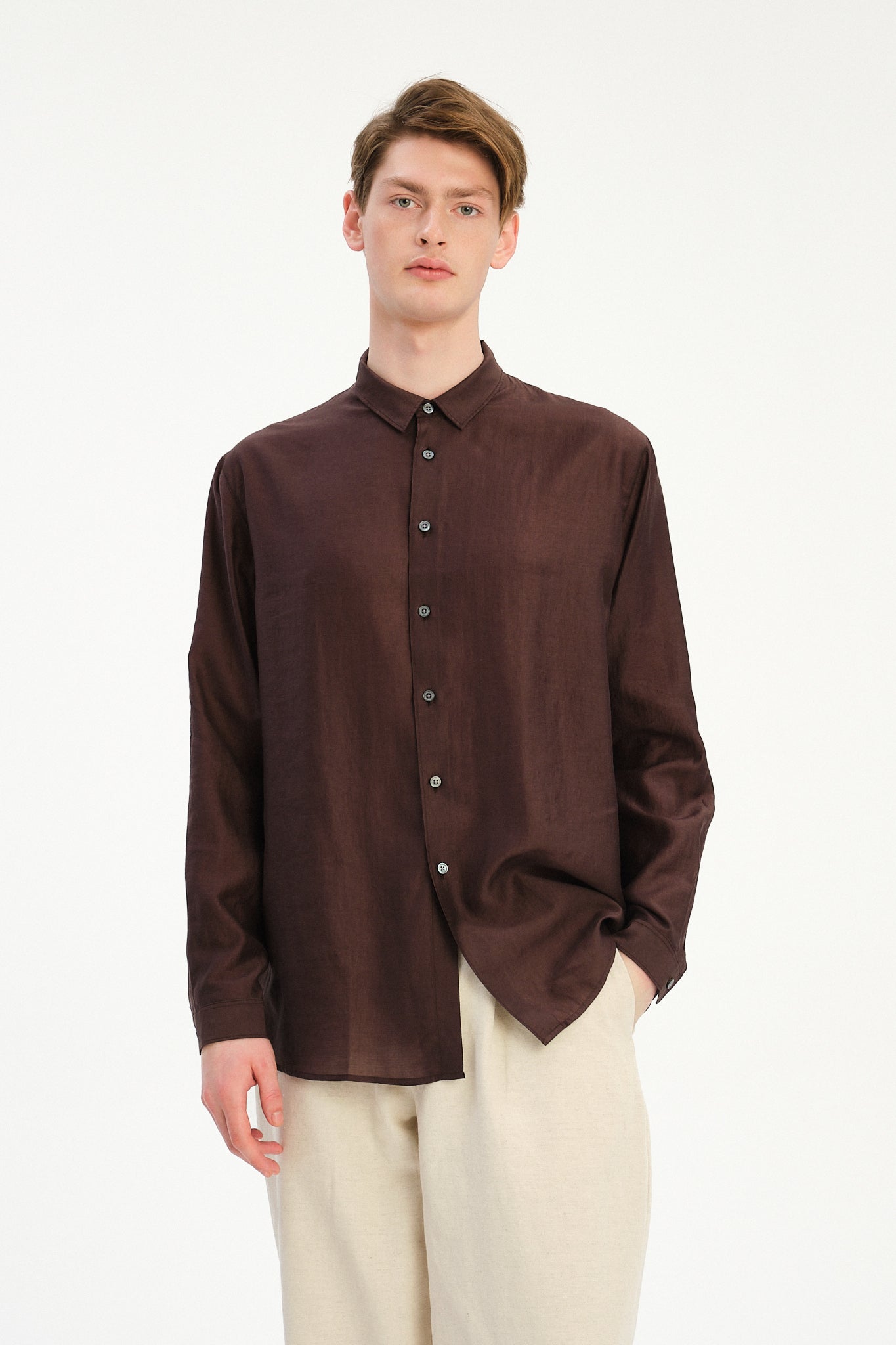 Breda Boxy Shirt in a Coffee Brown Silky Japanese Lyocell Blend