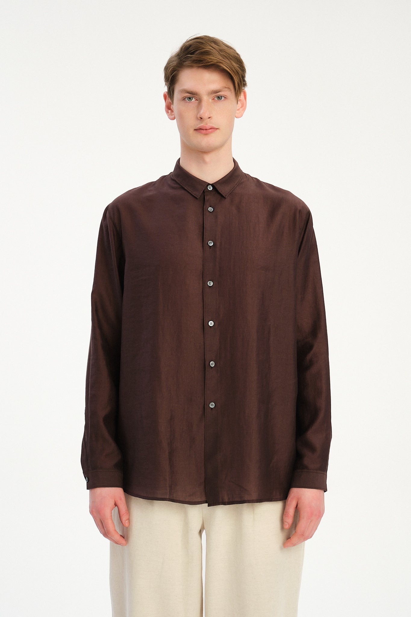 Breda Boxy Shirt in a Coffee Brown Silky Japanese Lyocell Blend