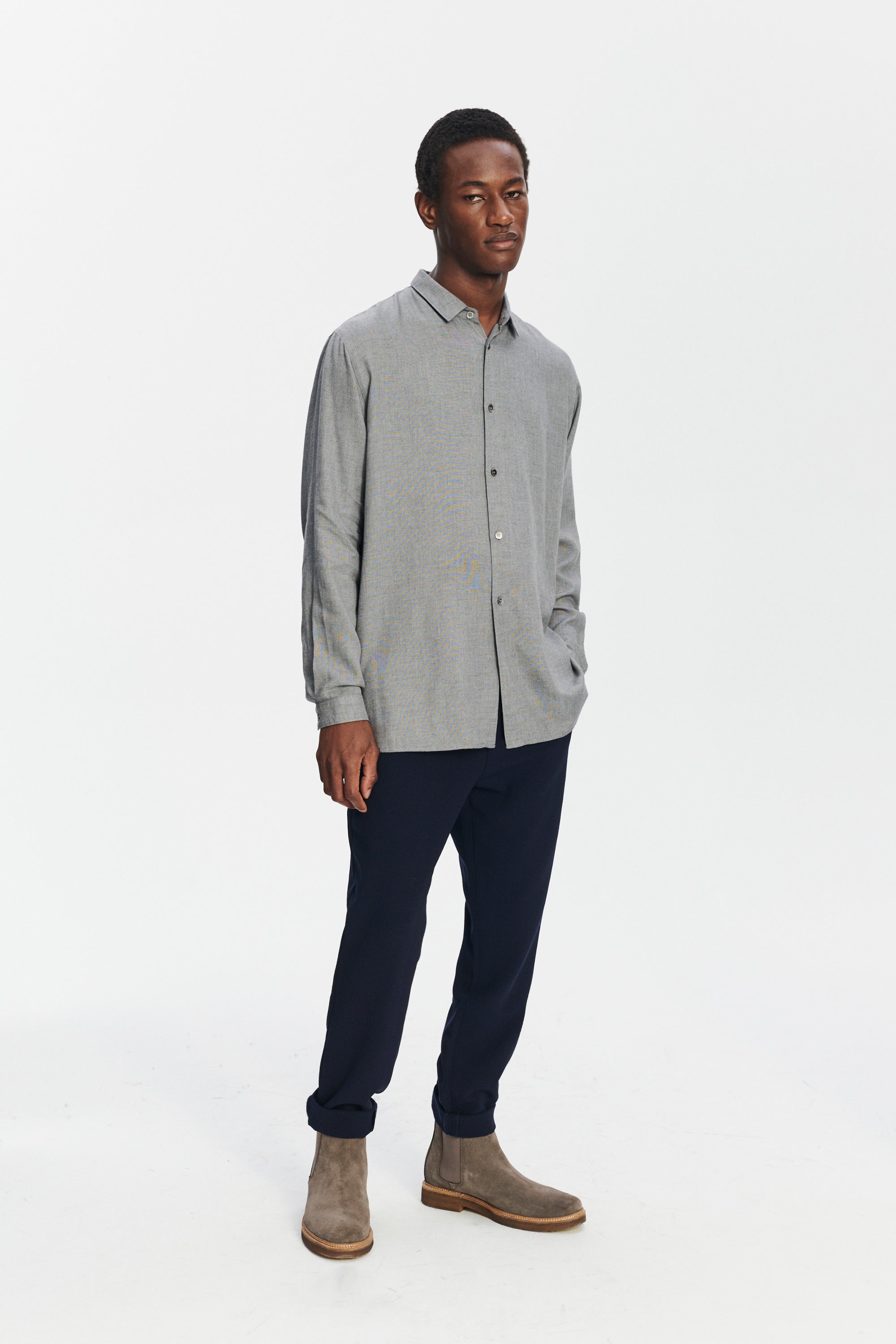 Long Sleeve Oversized Boxy Shirt in a Grey Portuguese Modal and Merino Wool Blend