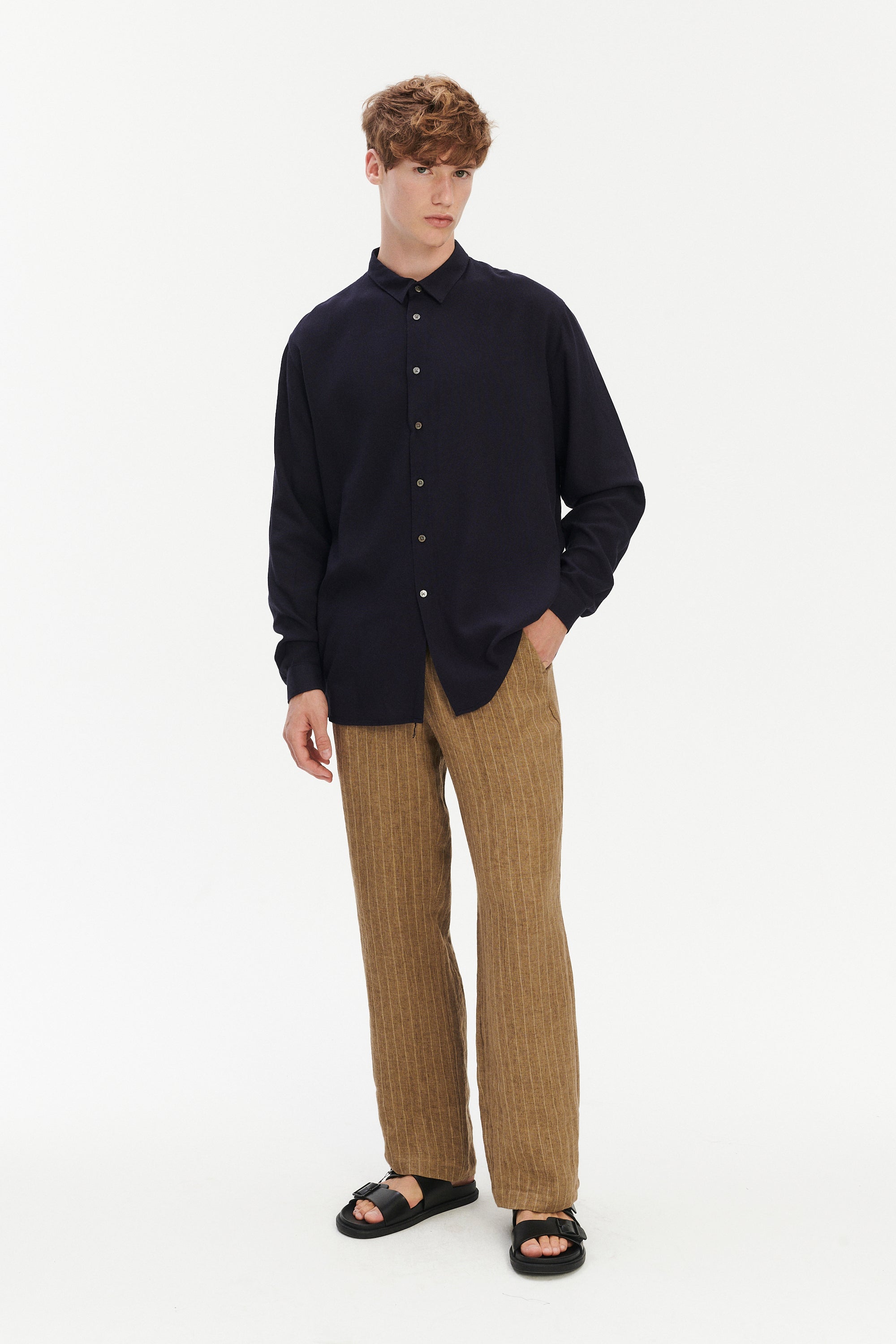 Long Sleeve Oversized Boxy Shirt in a Navy Portuguese Modal and Merino Wool Blend