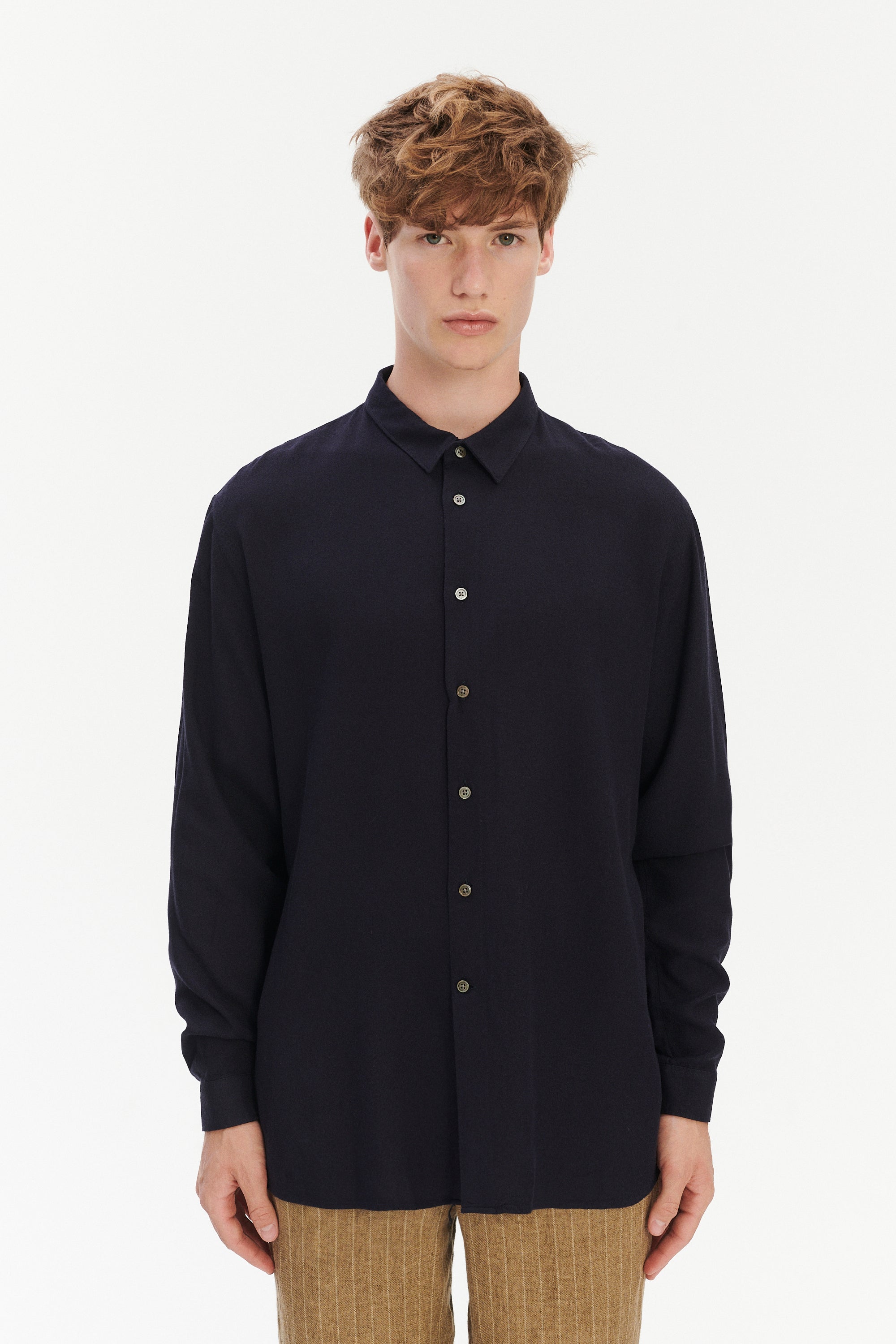 Long Sleeve Oversized Boxy Shirt in a Navy Portuguese Modal and Merino Wool Blend