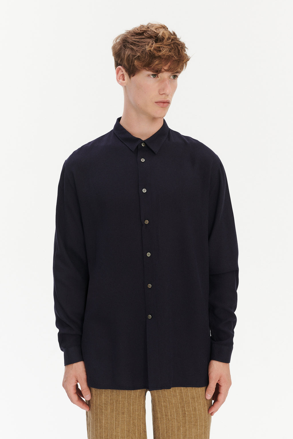 Long Sleeve Oversized Boxy Shirt in a Navy Portuguese Modal and Merino Wool Blend