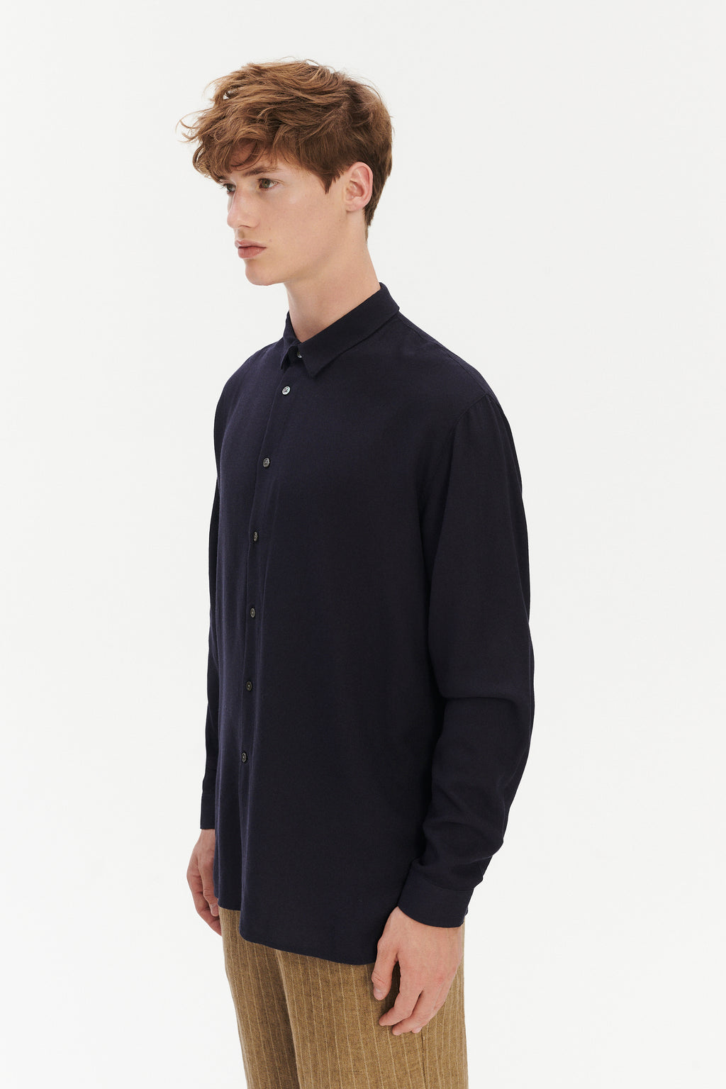 Long Sleeve Oversized Boxy Shirt in a Navy Portuguese Modal and Merino Wool Blend