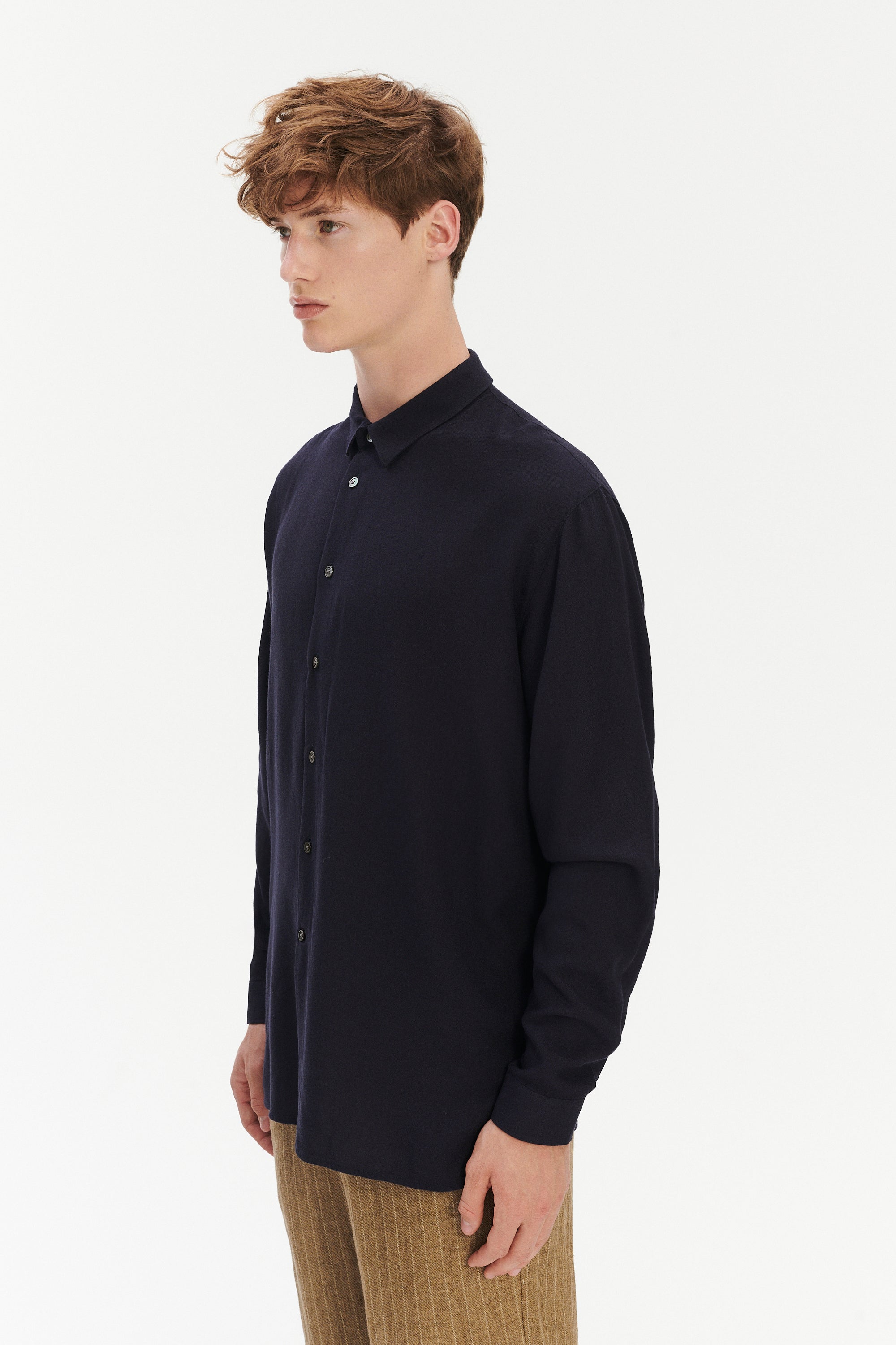 Long Sleeve Oversized Boxy Shirt in a Navy Portuguese Modal and Merino Wool Blend