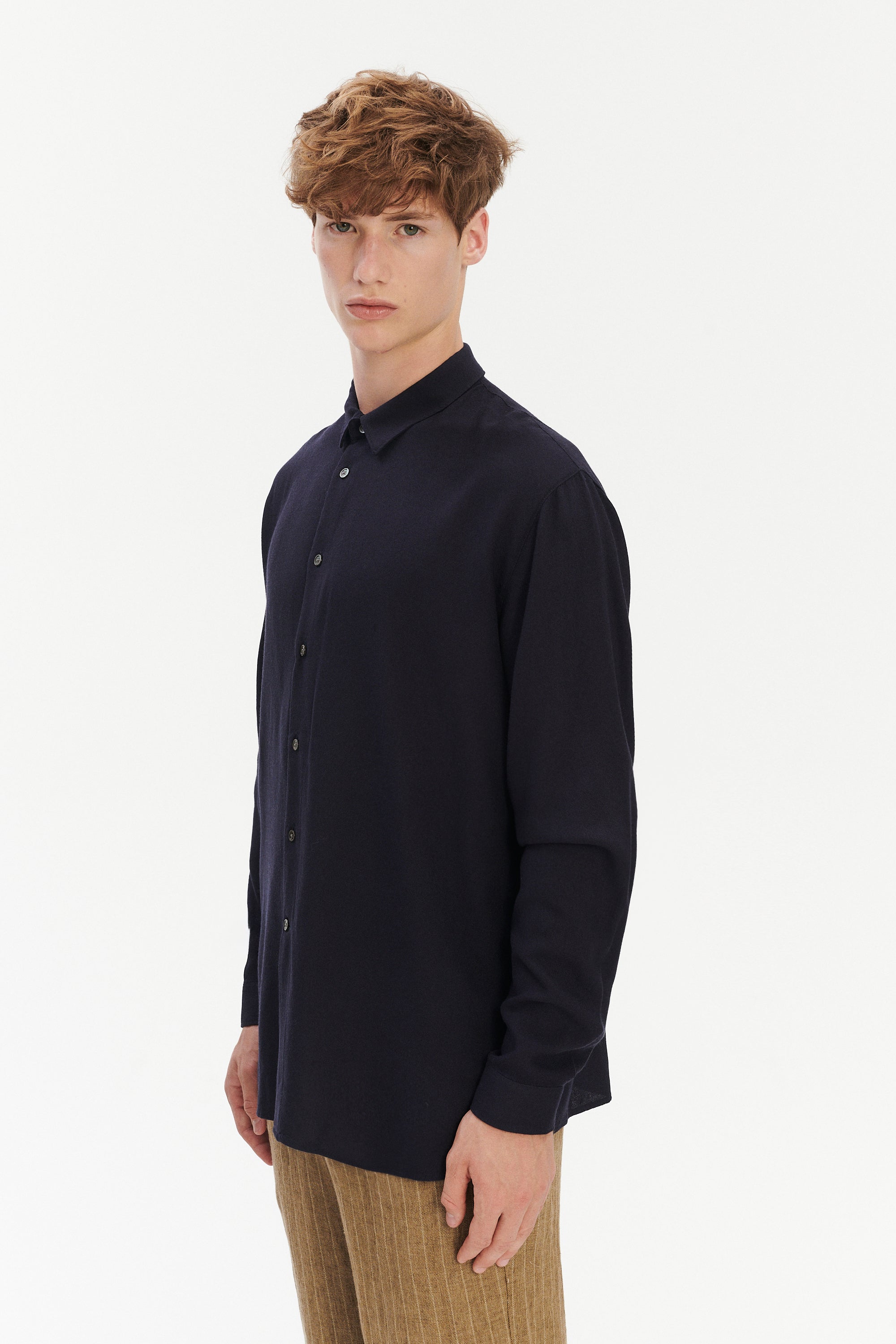 Long Sleeve Oversized Boxy Shirt in a Navy Portuguese Modal and Merino Wool Blend