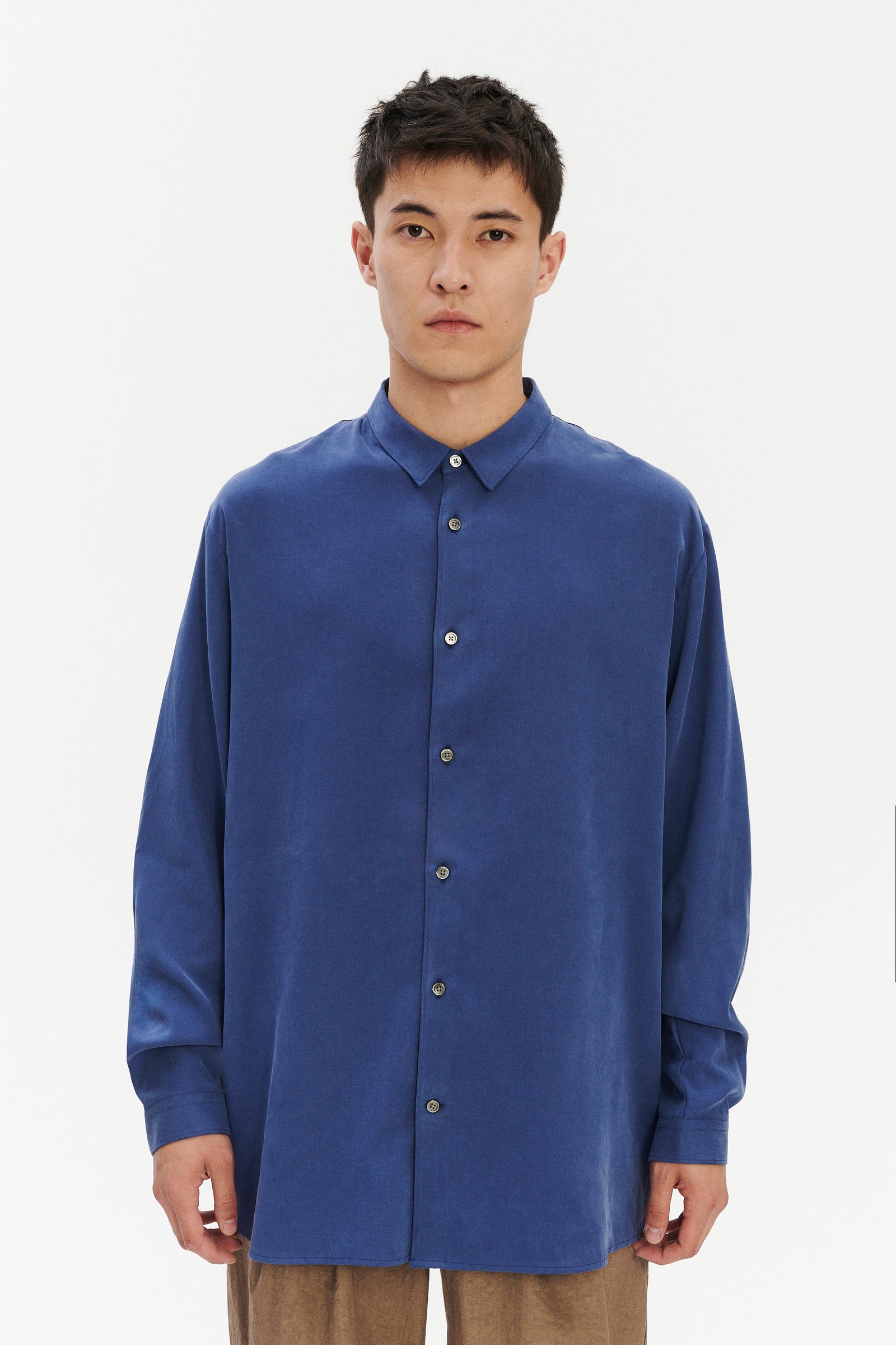 Breda Boxy Shirt in a Soft Deep Blue Japanese Lyocell and Cotton Blend