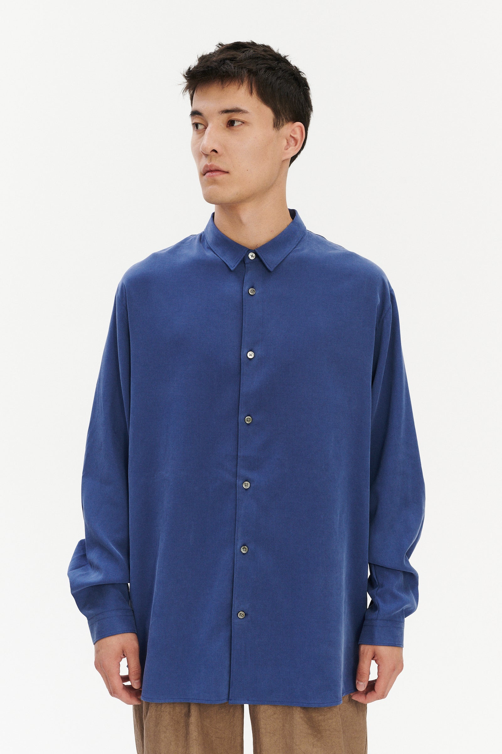 Breda Boxy Shirt in a Soft Deep Blue Japanese Lyocell and Cotton Blend