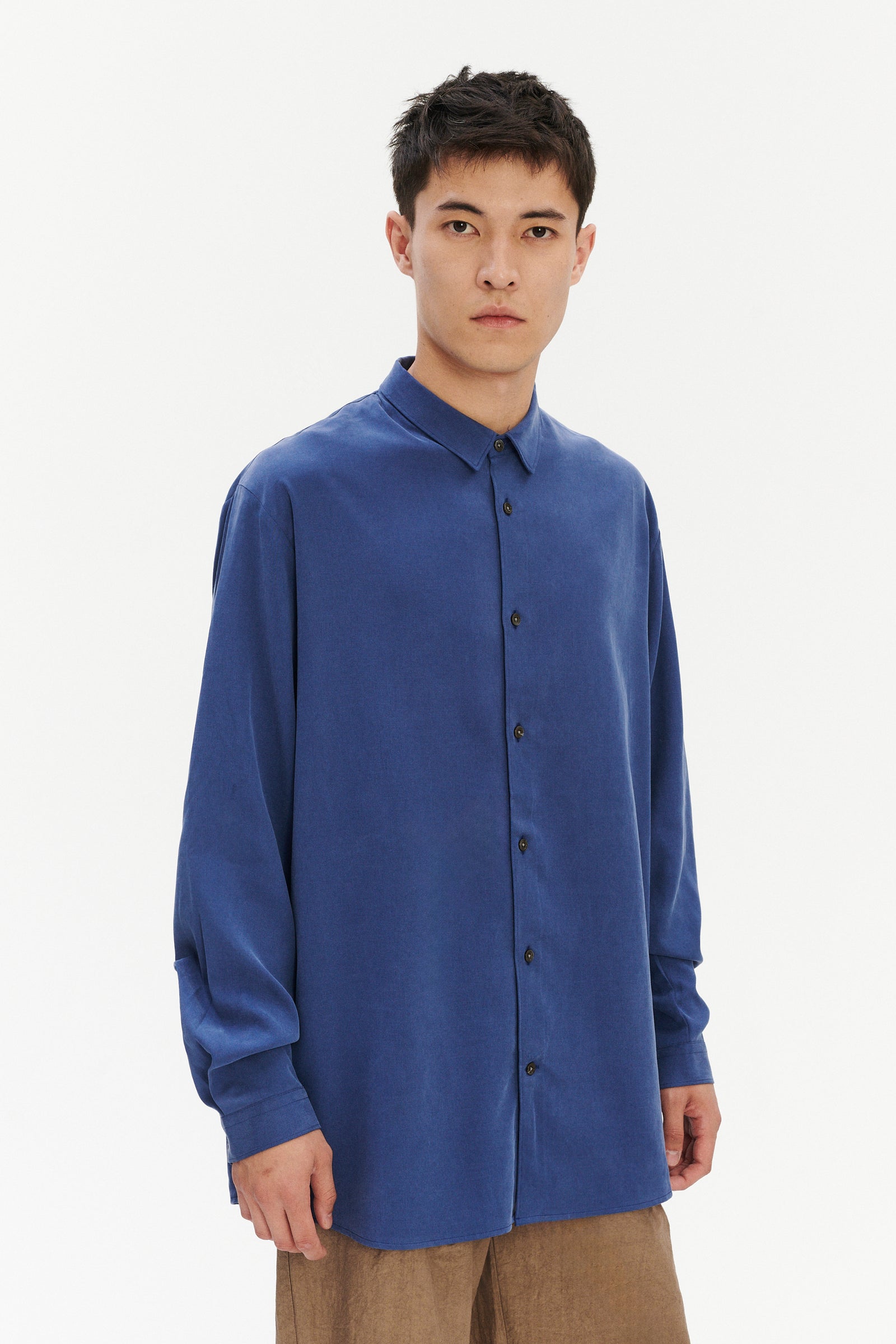 Breda Boxy Shirt in a Soft Deep Blue Japanese Lyocell and Cotton Blend