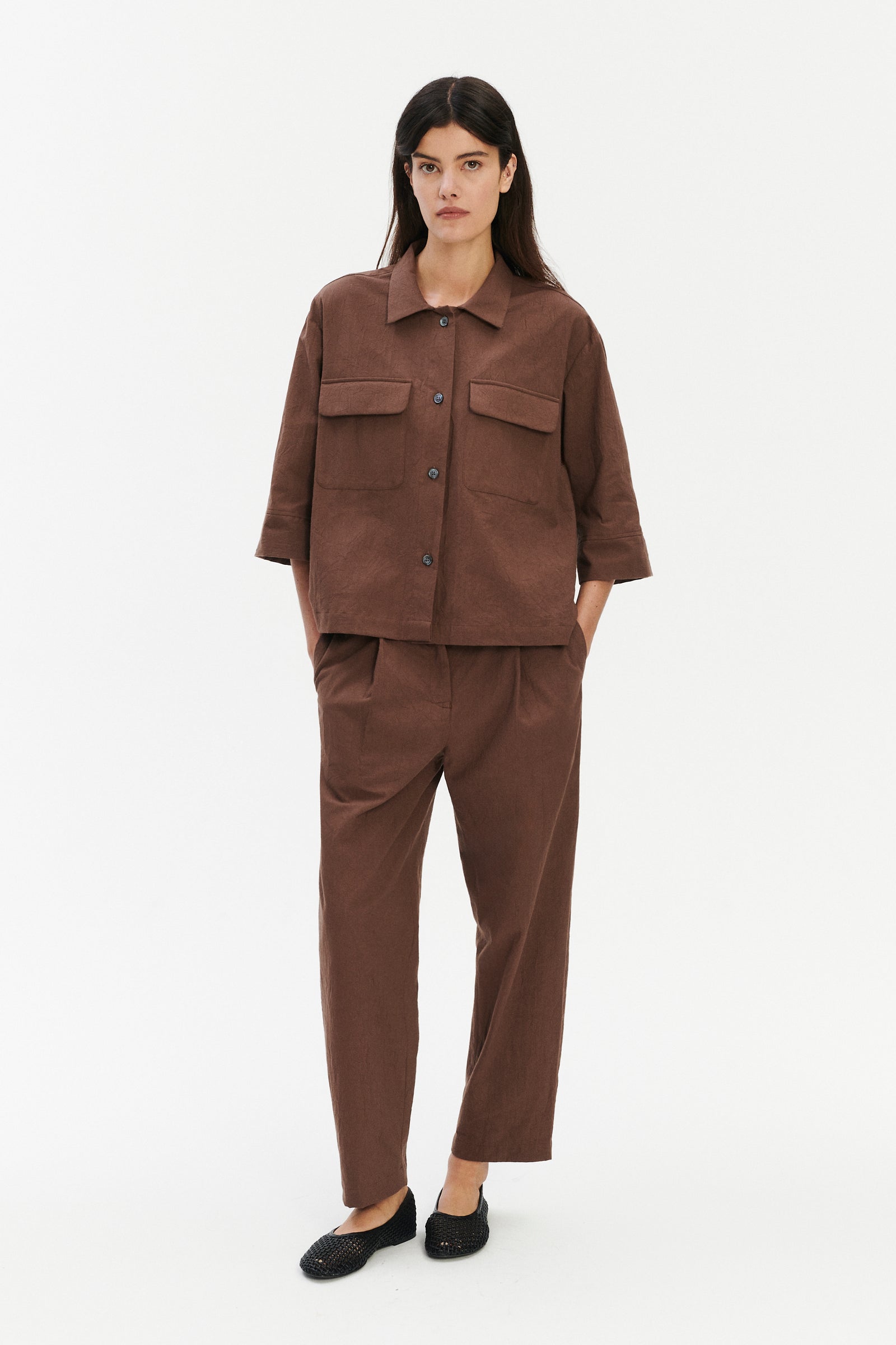 Jacket Blouse in a Brown Japanese Wrinkled Soft Cotton