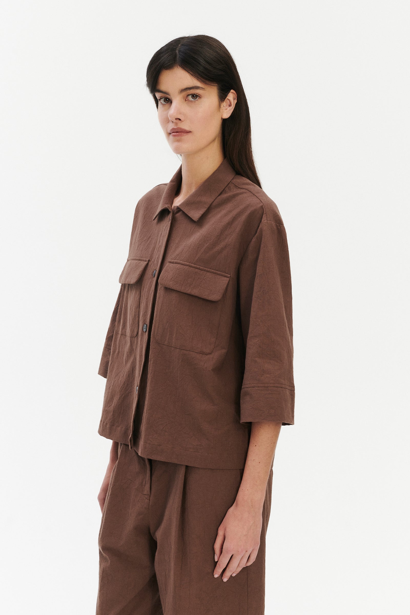 Jacket Blouse in a Brown Japanese Wrinkled Soft Cotton