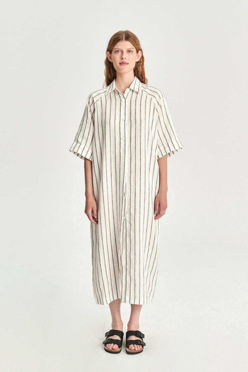 Dress in a White and Black Striped Linen
