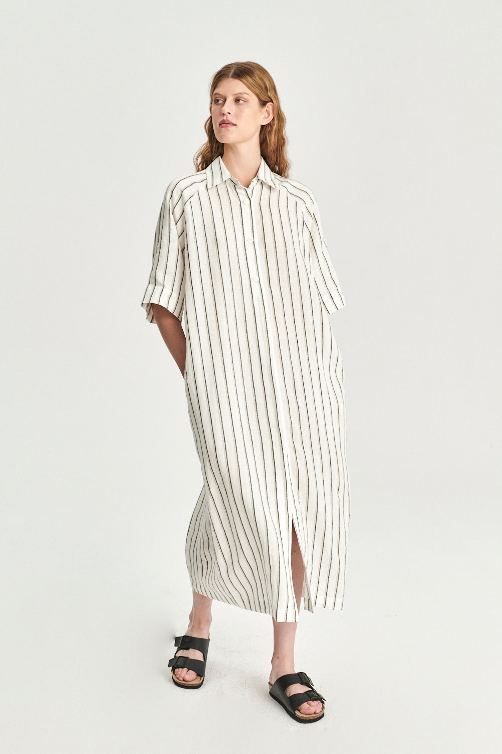 Dress in a  in a Fine White Black and Beige Airy Double Striped Bohemian Linen