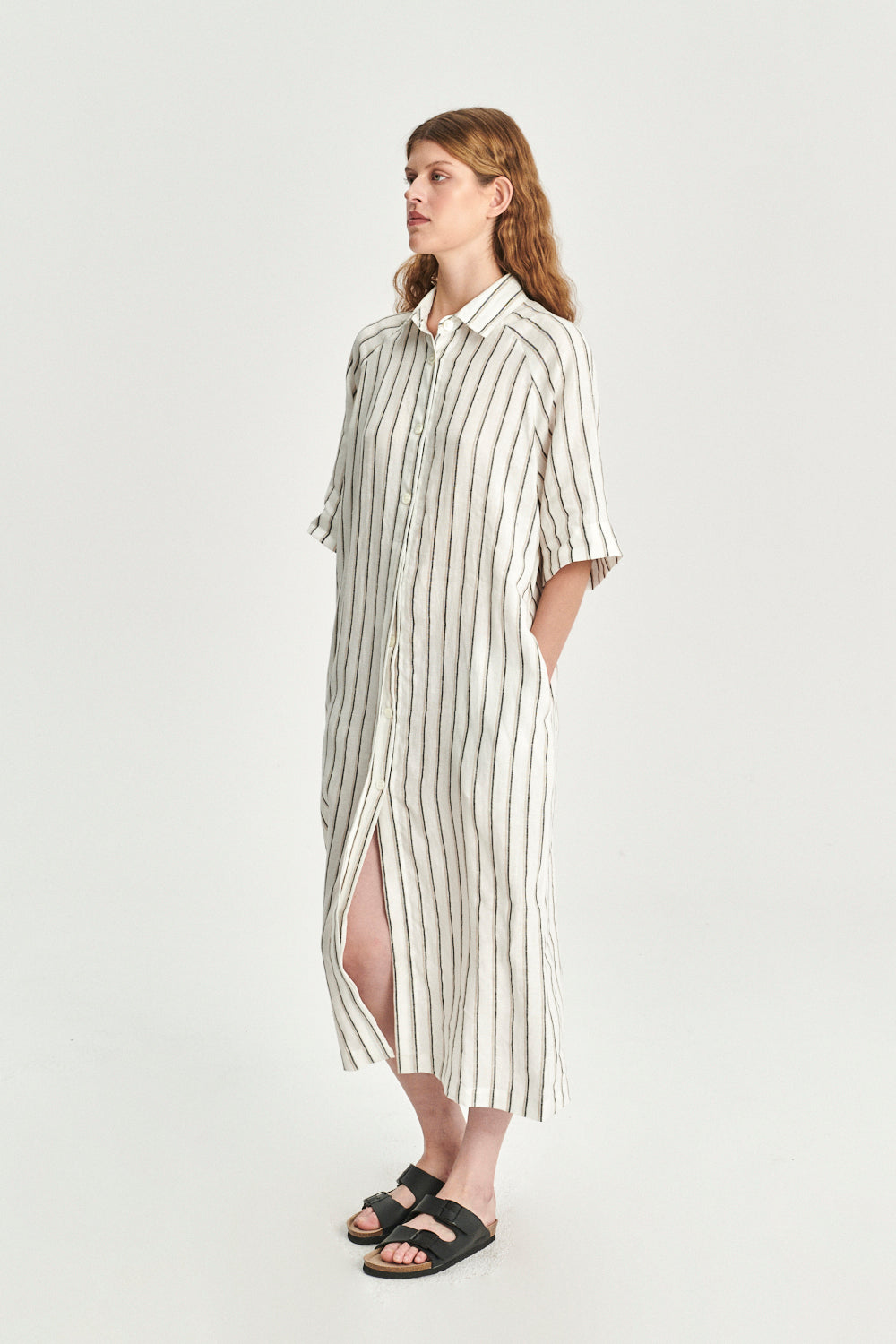 Dress in a  in a Fine White Black and Beige Airy Double Striped Bohemian Linen