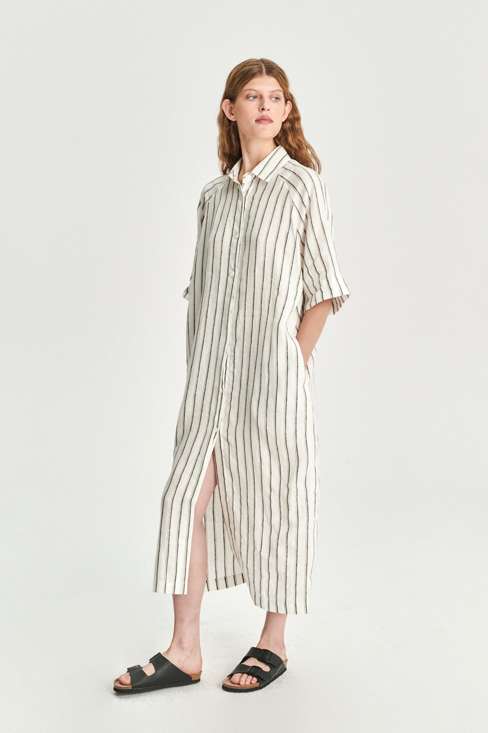 Dress in a  in a Fine White Black and Beige Airy Double Striped Bohemian Linen