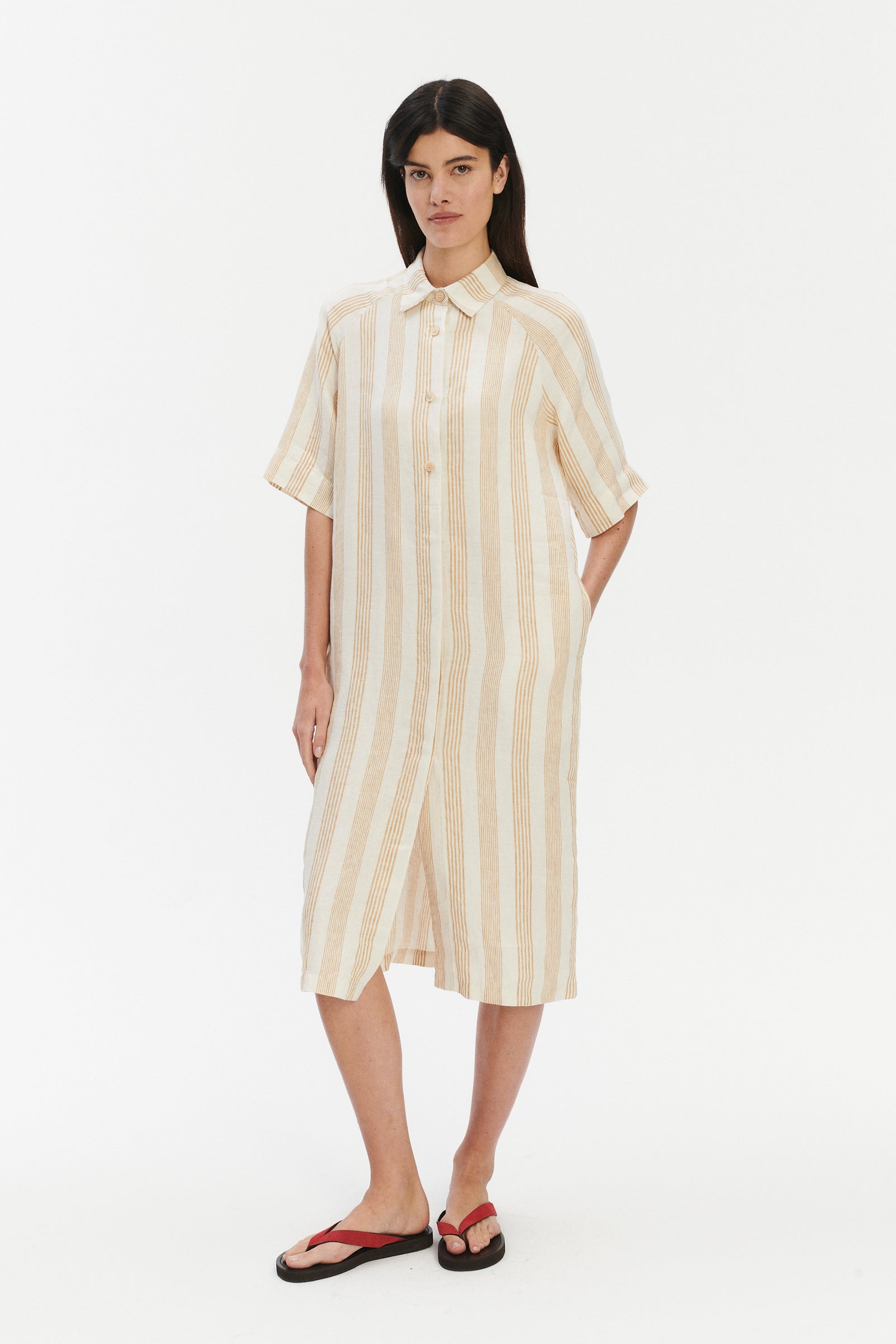 Shirt Dress in a Cream White and Beige Fine Striped Pure Italian Linen