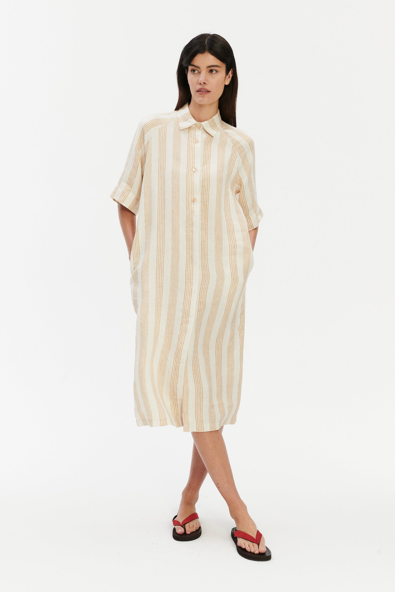 Shirt Dress in a Cream White and Beige Fine Striped Pure Italian Linen