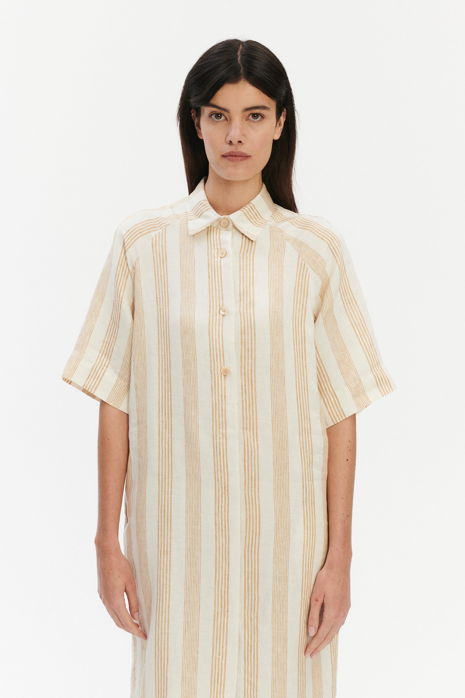 Shirt Dress in a Cream White and Beige Fine Striped Pure Italian Linen