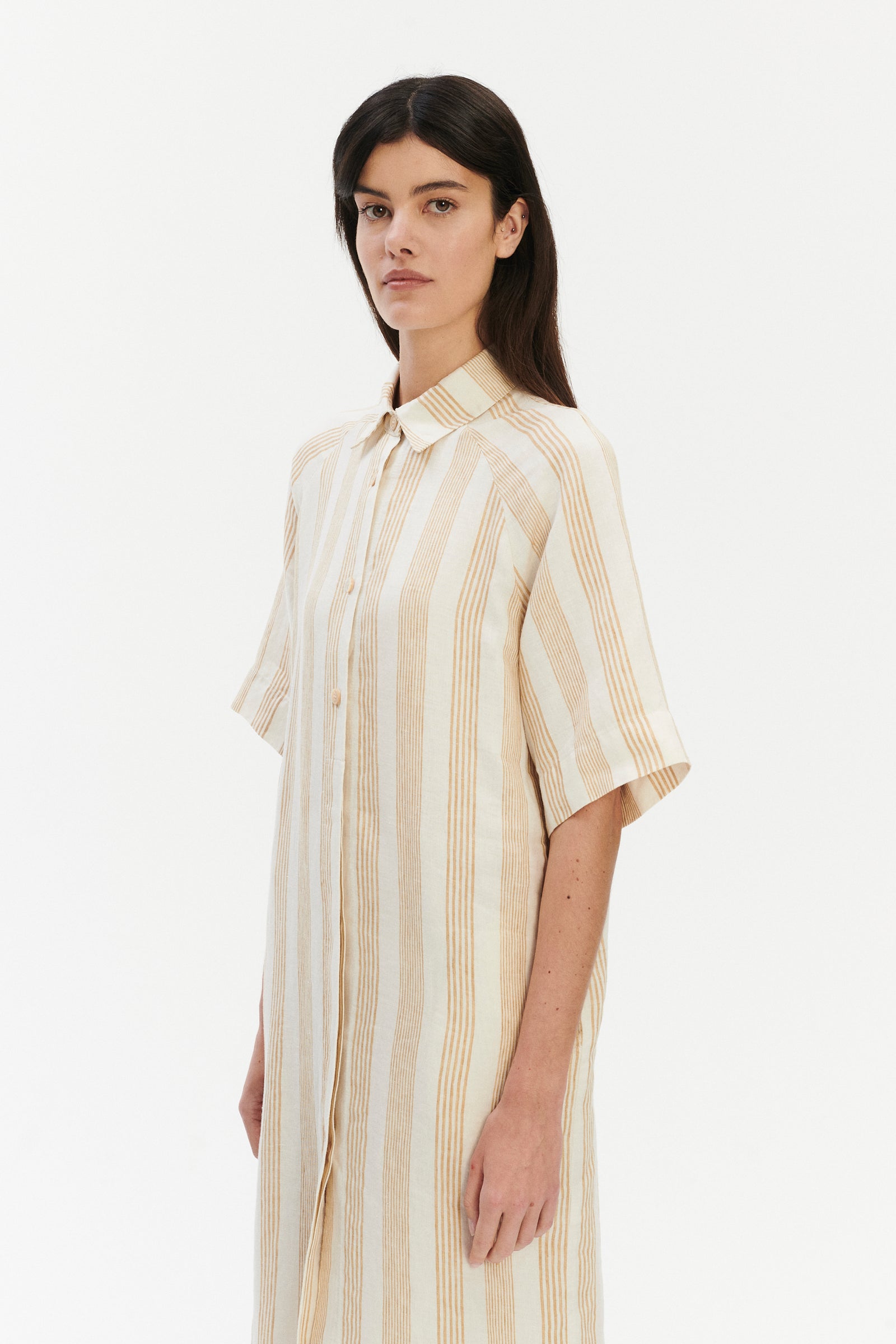 Shirt Dress in a Cream White and Beige Fine Striped Pure Italian Linen