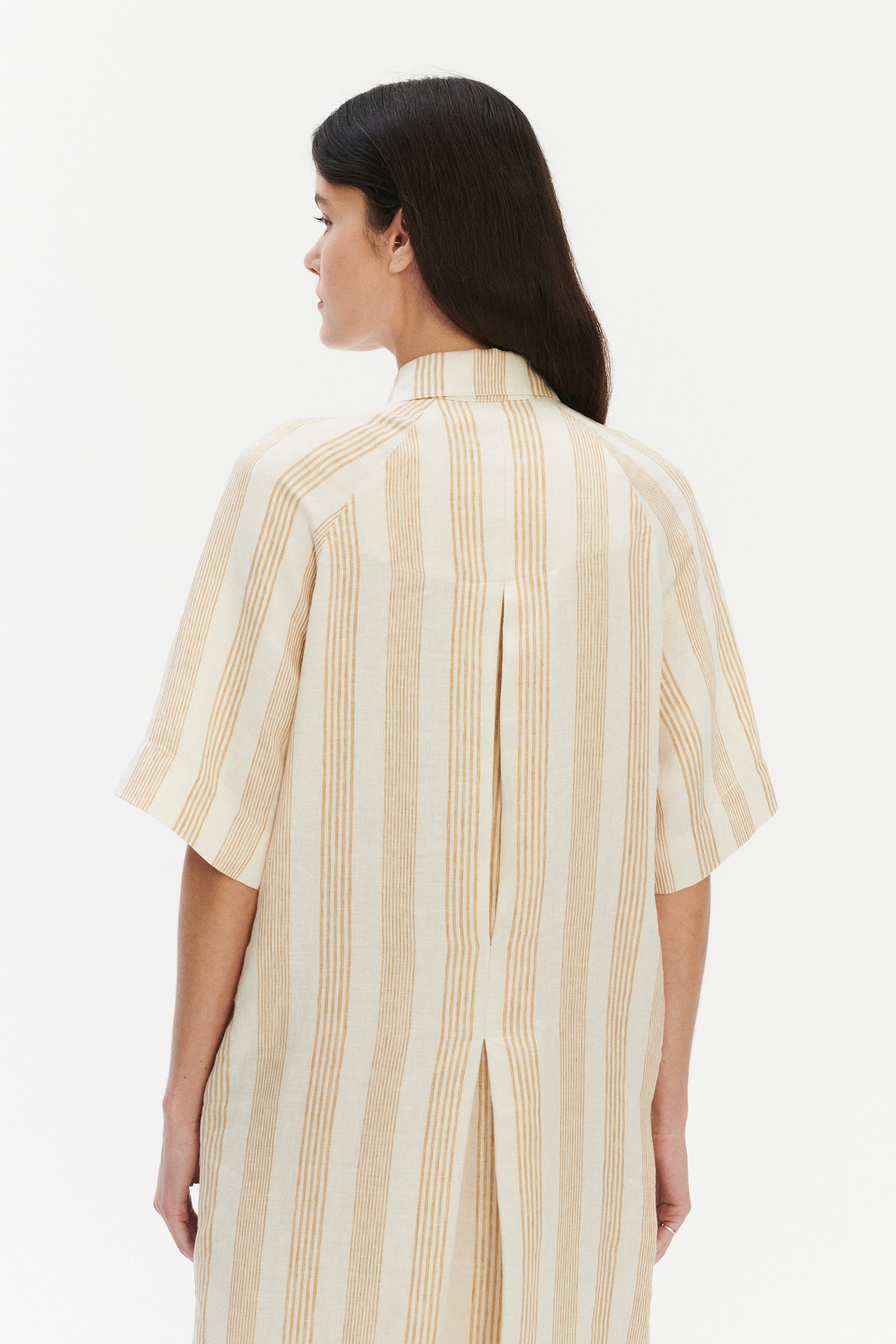 Shirt Dress in a Cream White and Beige Fine Striped Pure Italian Linen