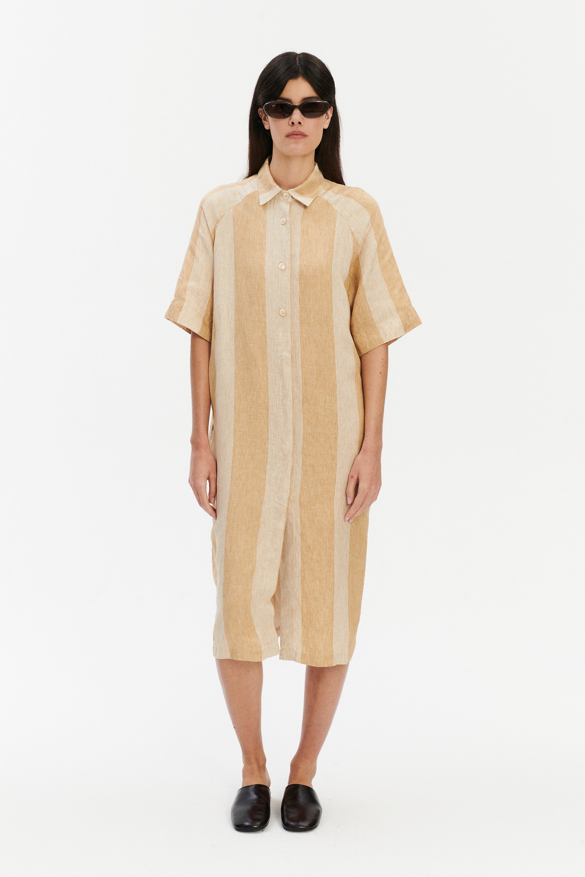 Italian Linen Shirt Dress – White & Soft Beige Stripe