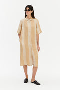 Italian Linen Shirt Dress – White & Soft Beige Stripe