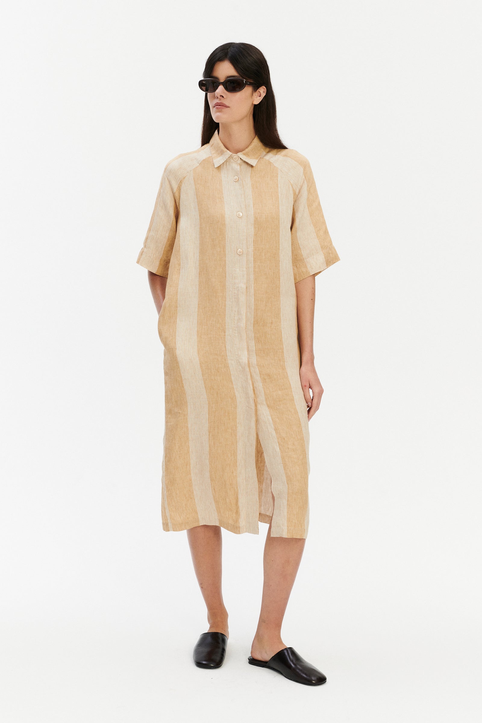 Shirt Dress in a  Cream White and Soft Beige Stripe Italian Linen