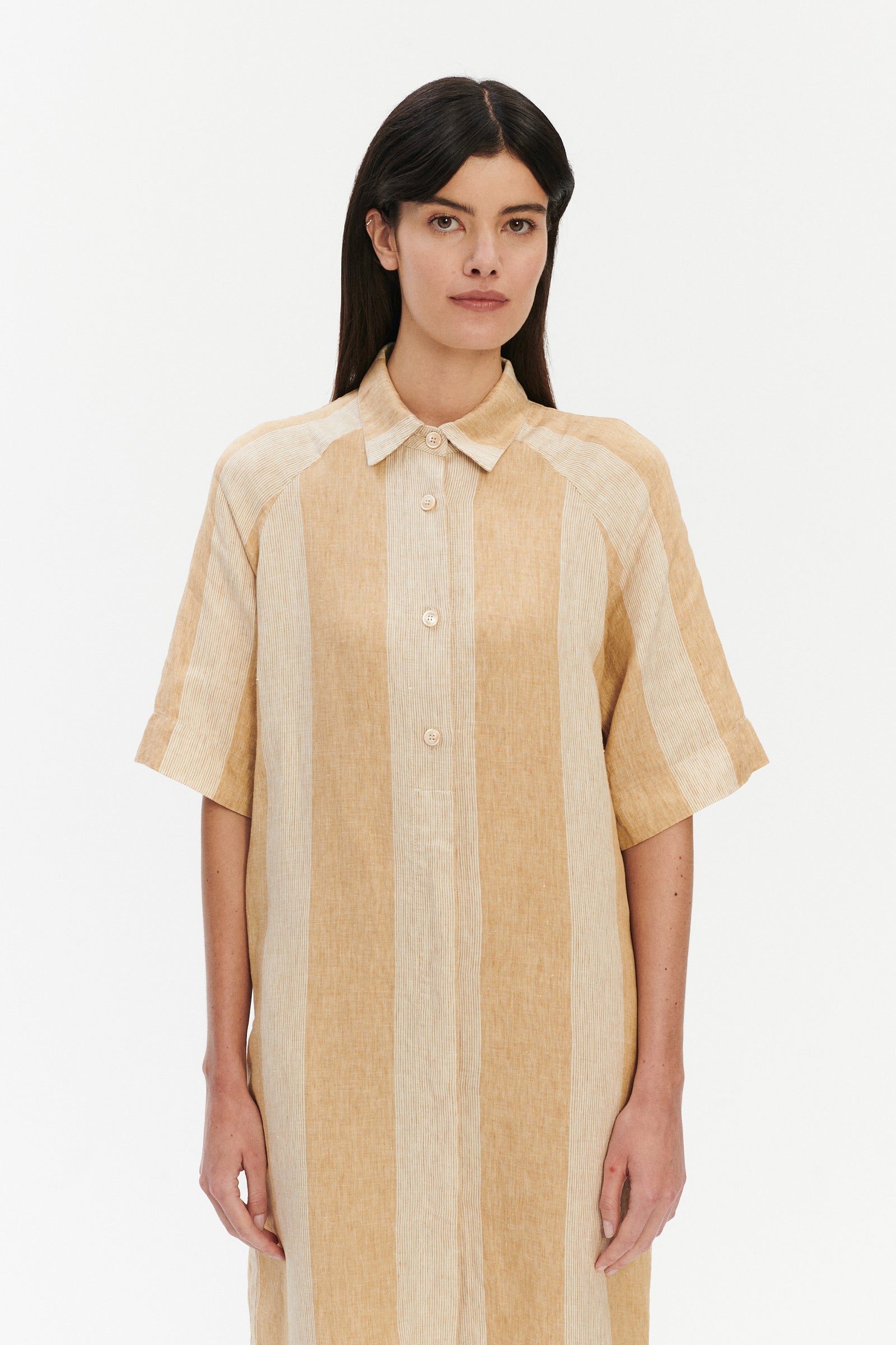 Shirt Dress in a  Cream White and Soft Beige Stripe Italian Linen
