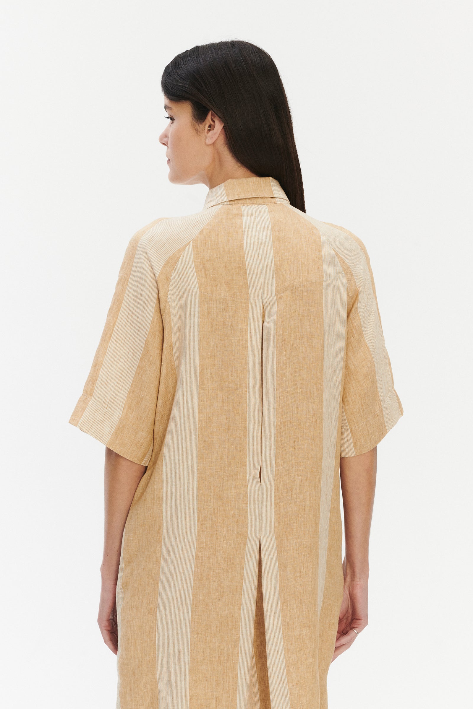 Shirt Dress in a  Cream White and Soft Beige Stripe Italian Linen