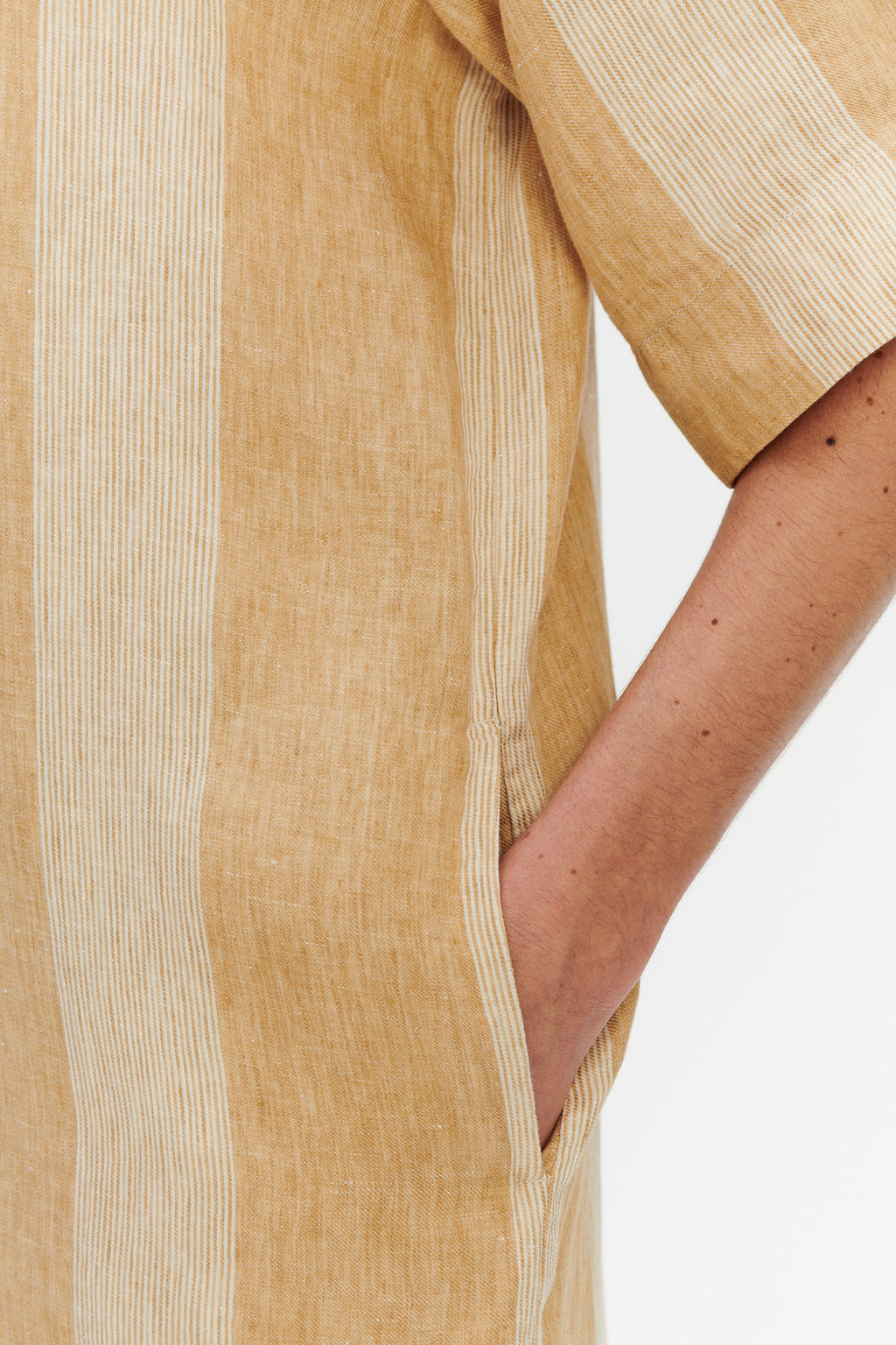 Italian Linen Shirt Dress – White & Soft Beige Stripe