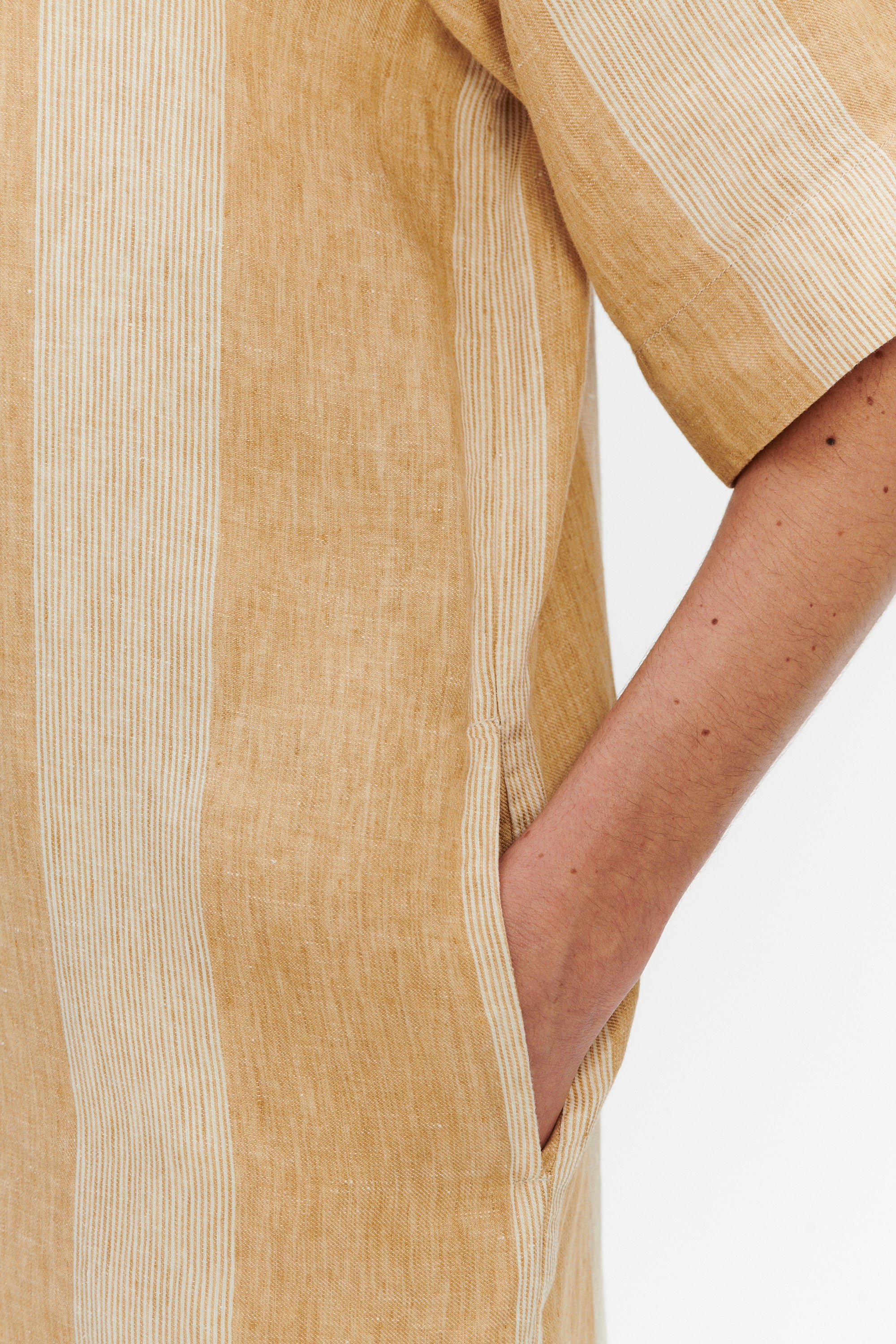 Italian Linen Shirt Dress – White & Soft Beige Stripe