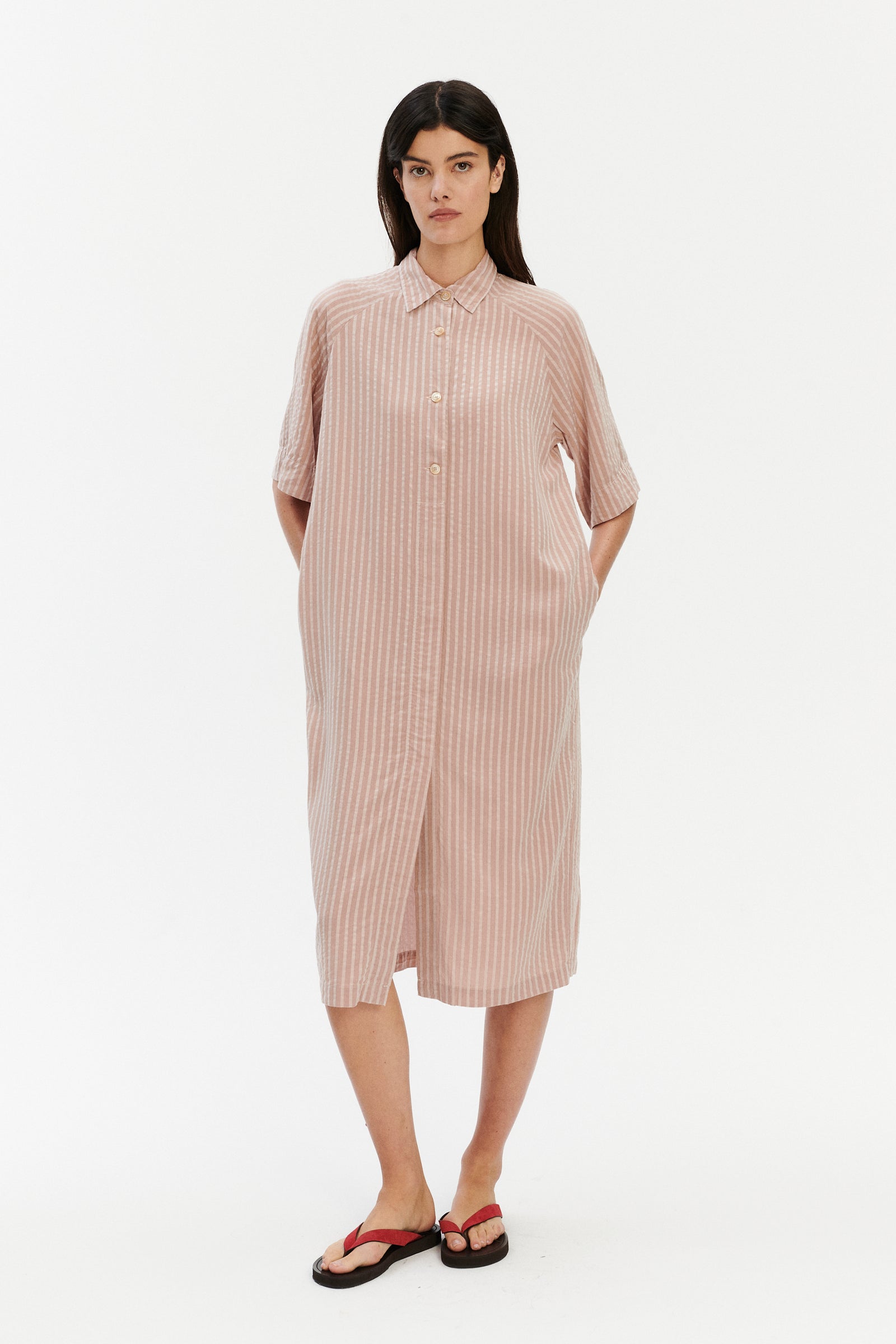 Shirt Dress in a  Dusty Pink Striped Airy and Fluid Portuguese Pure Tencel