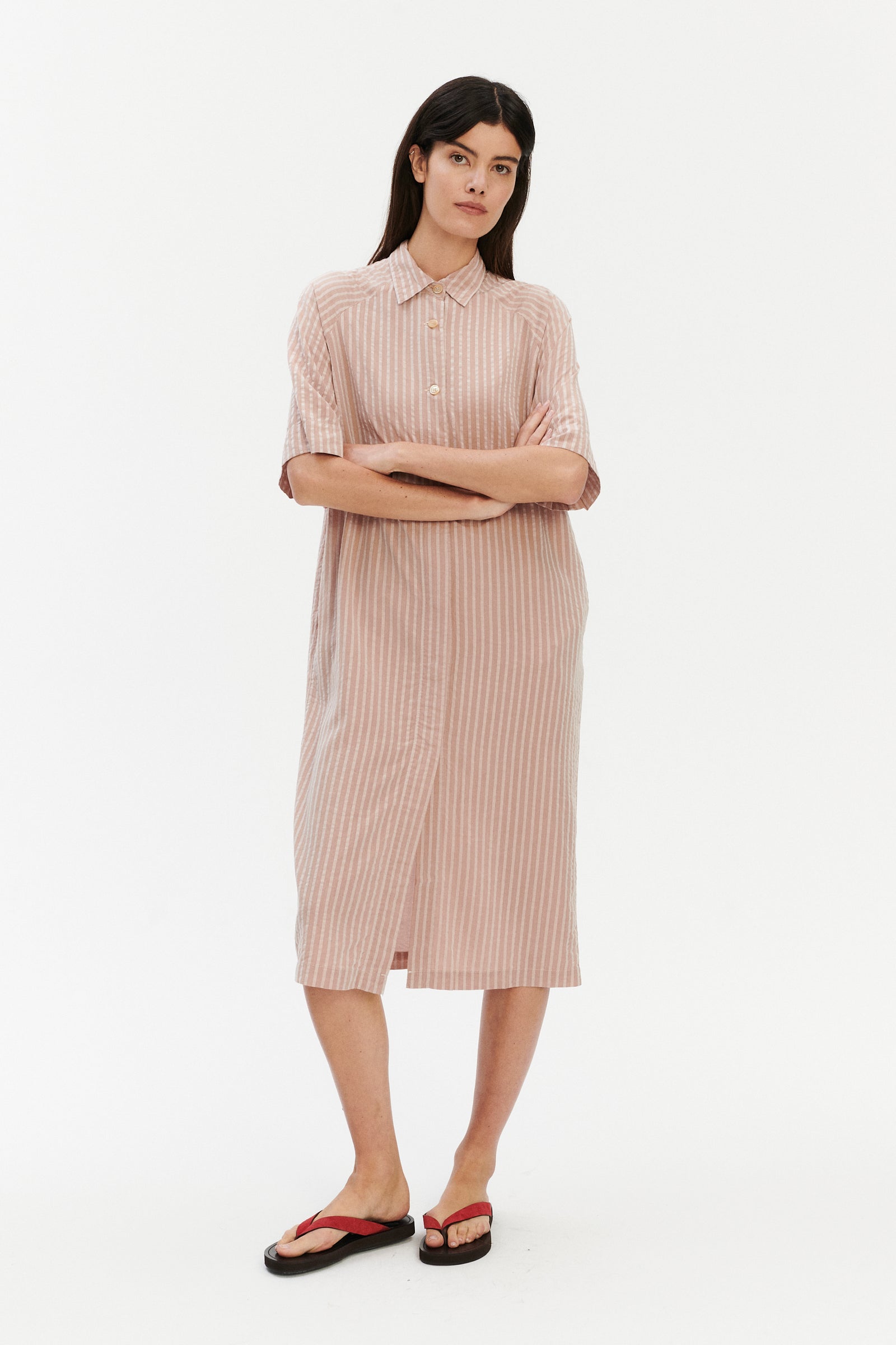 Shirt Dress in a  Dusty Pink Striped Airy and Fluid Portuguese Pure Tencel