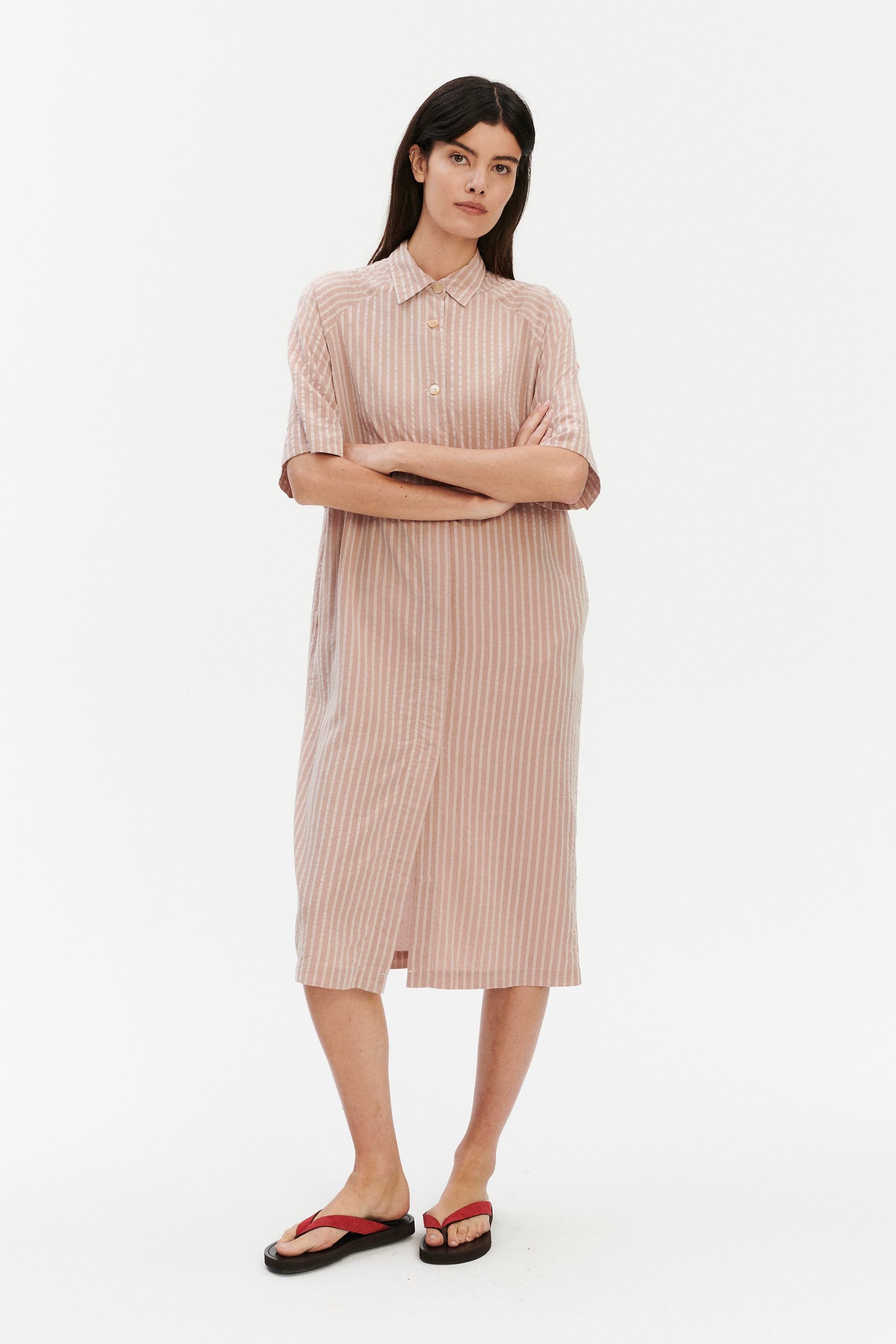 Dress in a  Dusty Pink Striped Airy and Fluid Portuguese Pure Tencel