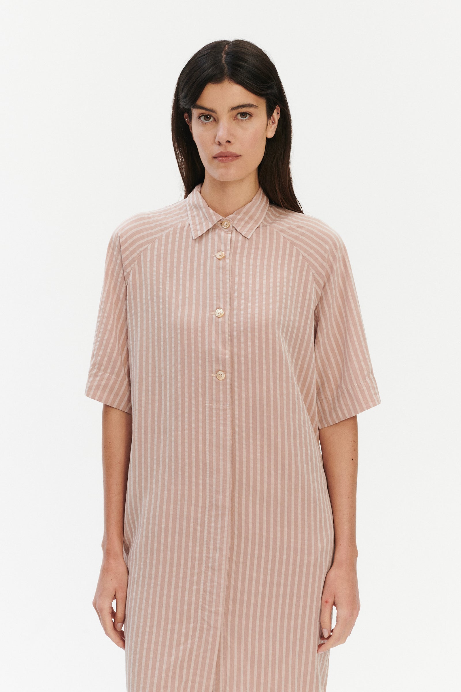 Shirt Dress in a  Dusty Pink Striped Airy and Fluid Portuguese Pure Tencel
