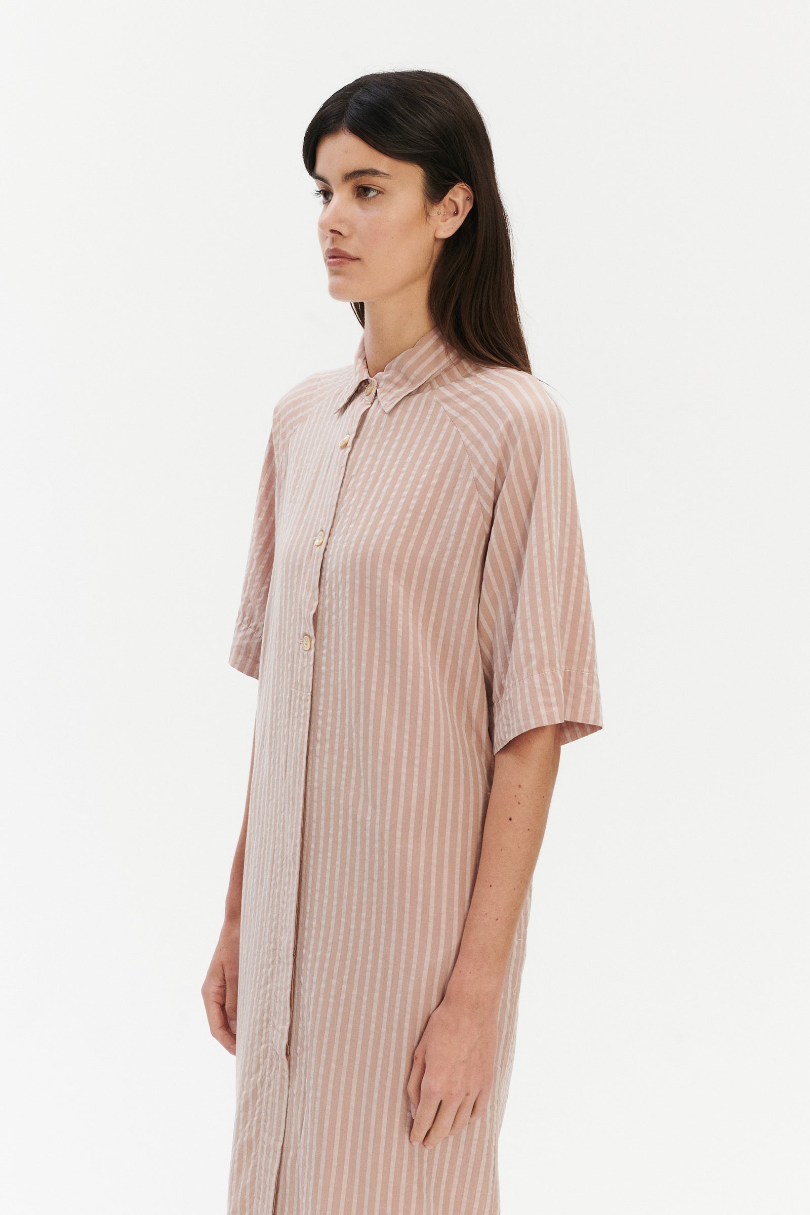 Shirt Dress in a  Dusty Pink Striped Airy and Fluid Portuguese Pure Tencel
