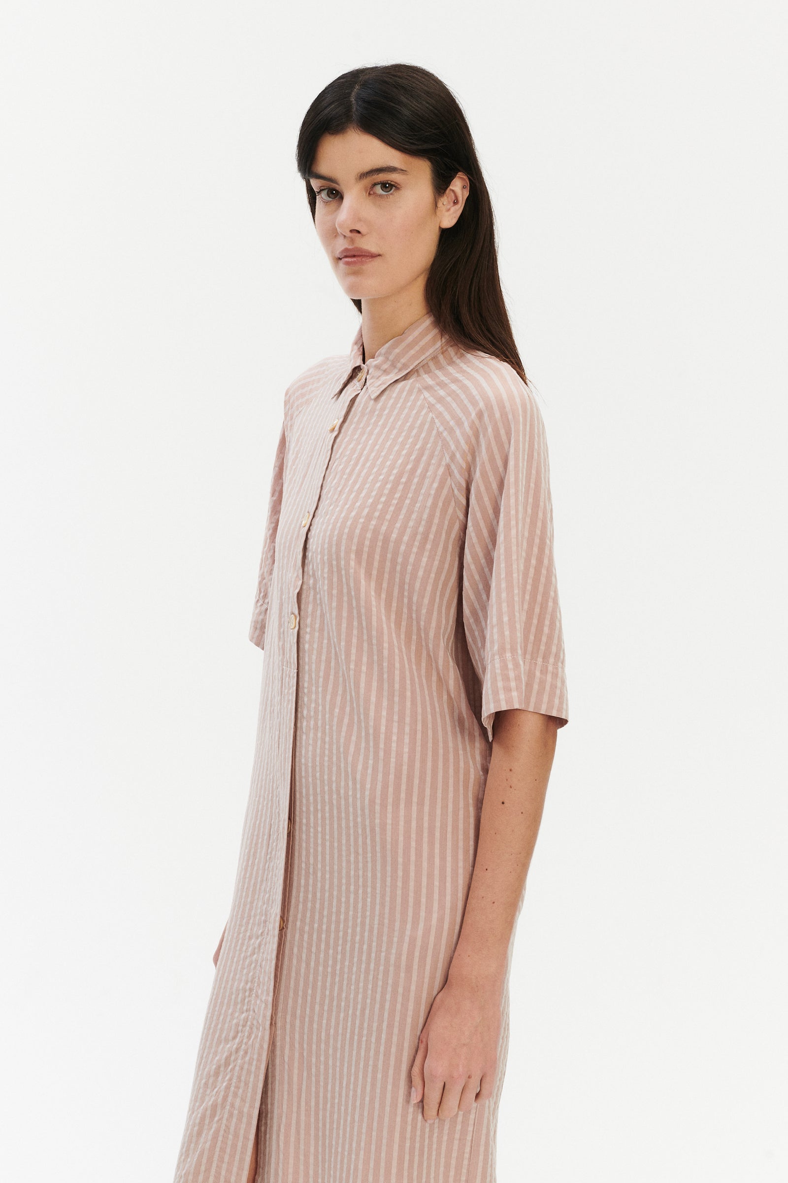 Shirt Dress in a  Dusty Pink Striped Airy and Fluid Portuguese Pure Tencel
