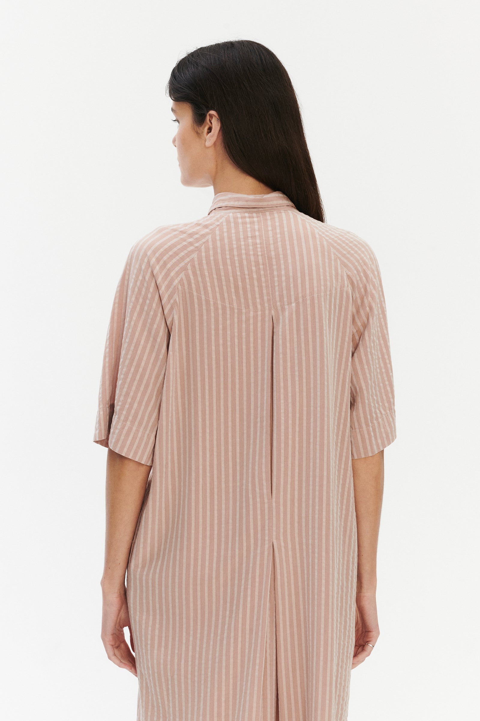 Shirt Dress in a  Dusty Pink Striped Airy and Fluid Portuguese Pure Tencel