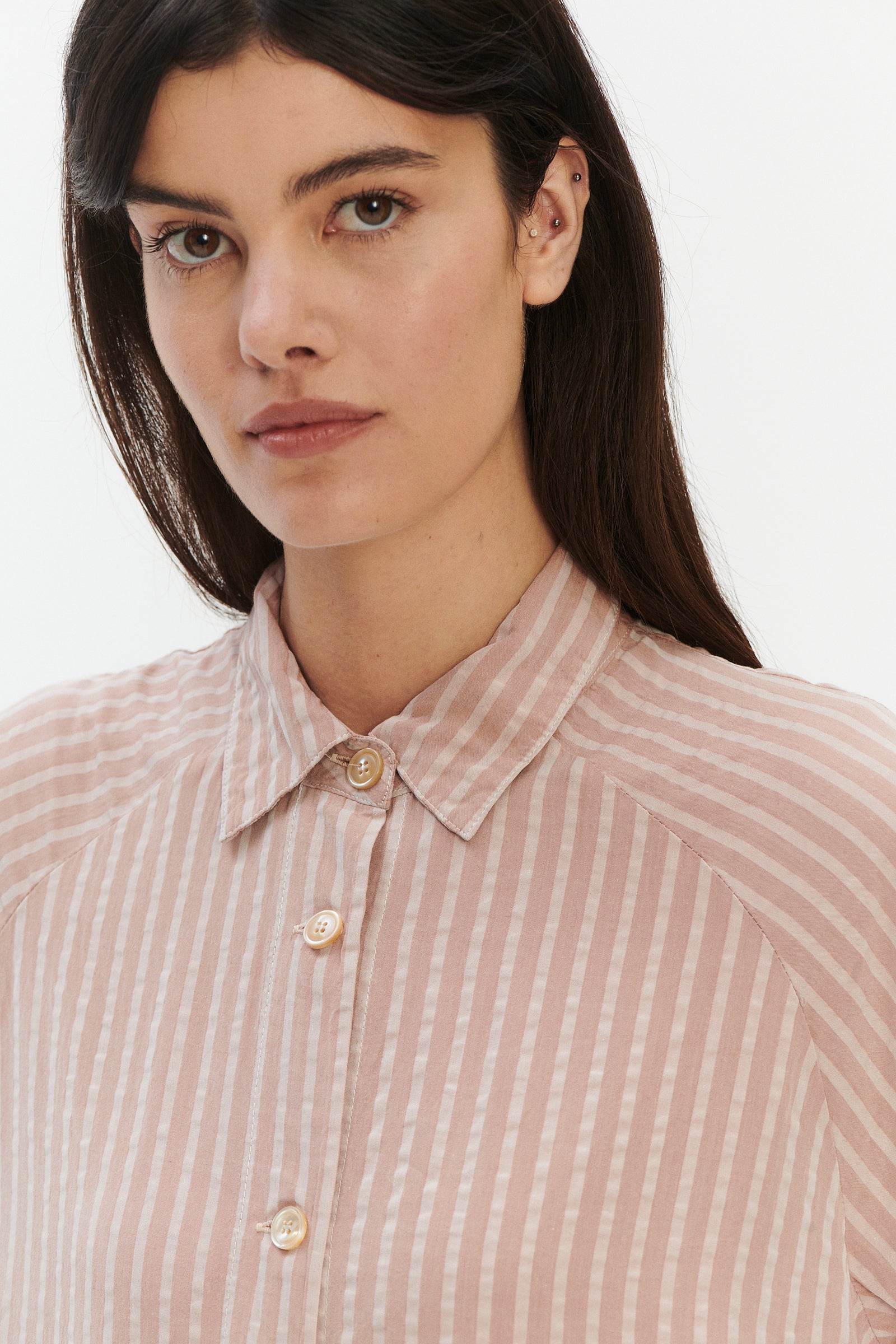 Shirt Dress in a  Dusty Pink Striped Airy and Fluid Portuguese Pure Tencel