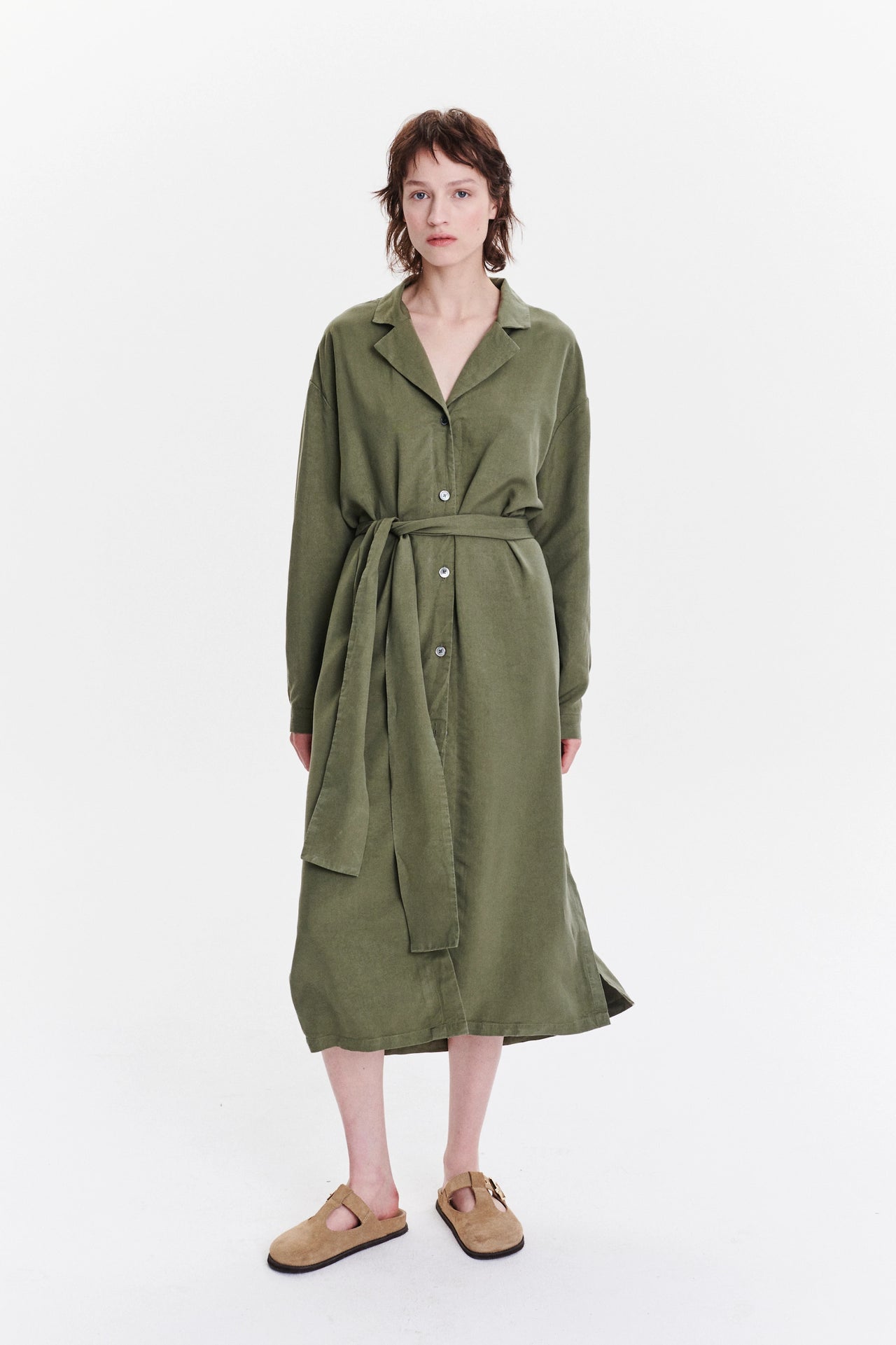 Maxi Dress in an Olive Green Sustainable Smooth and Soft High End Italian Lyocell Gabardine