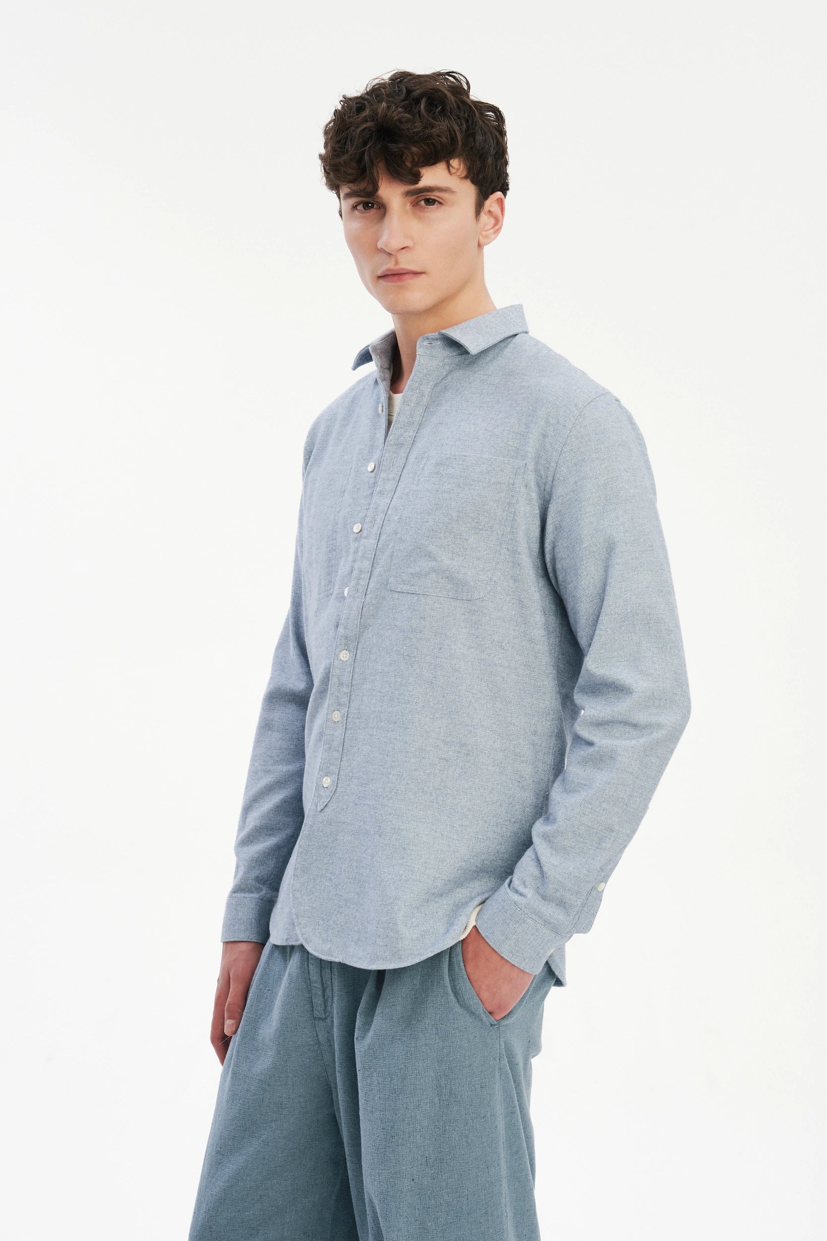 Farmer Shirt in a Fine Portuguese Brushed Blue Flannel