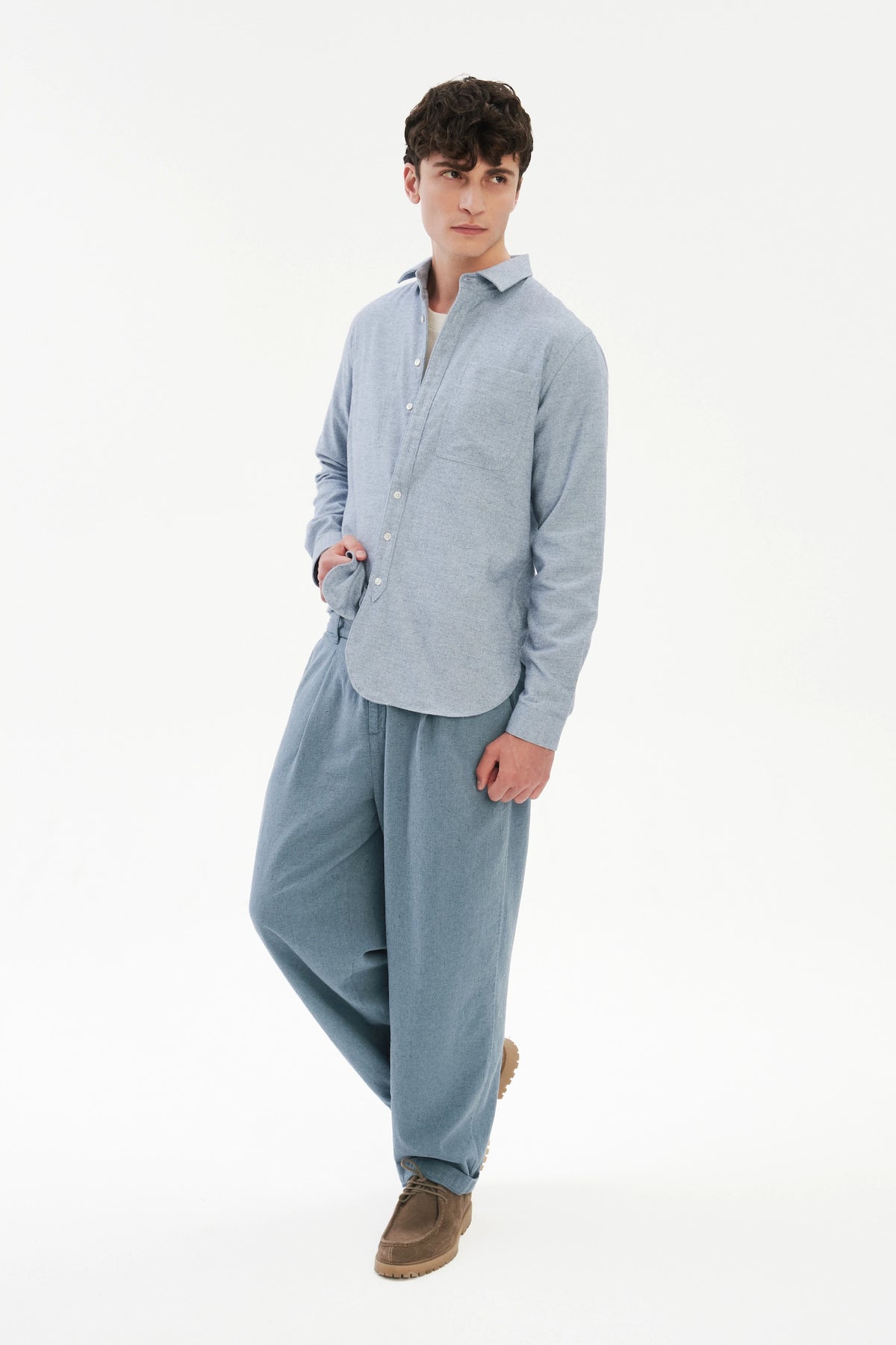Farmer Shirt in a Fine Portuguese Brushed Blue Flannel