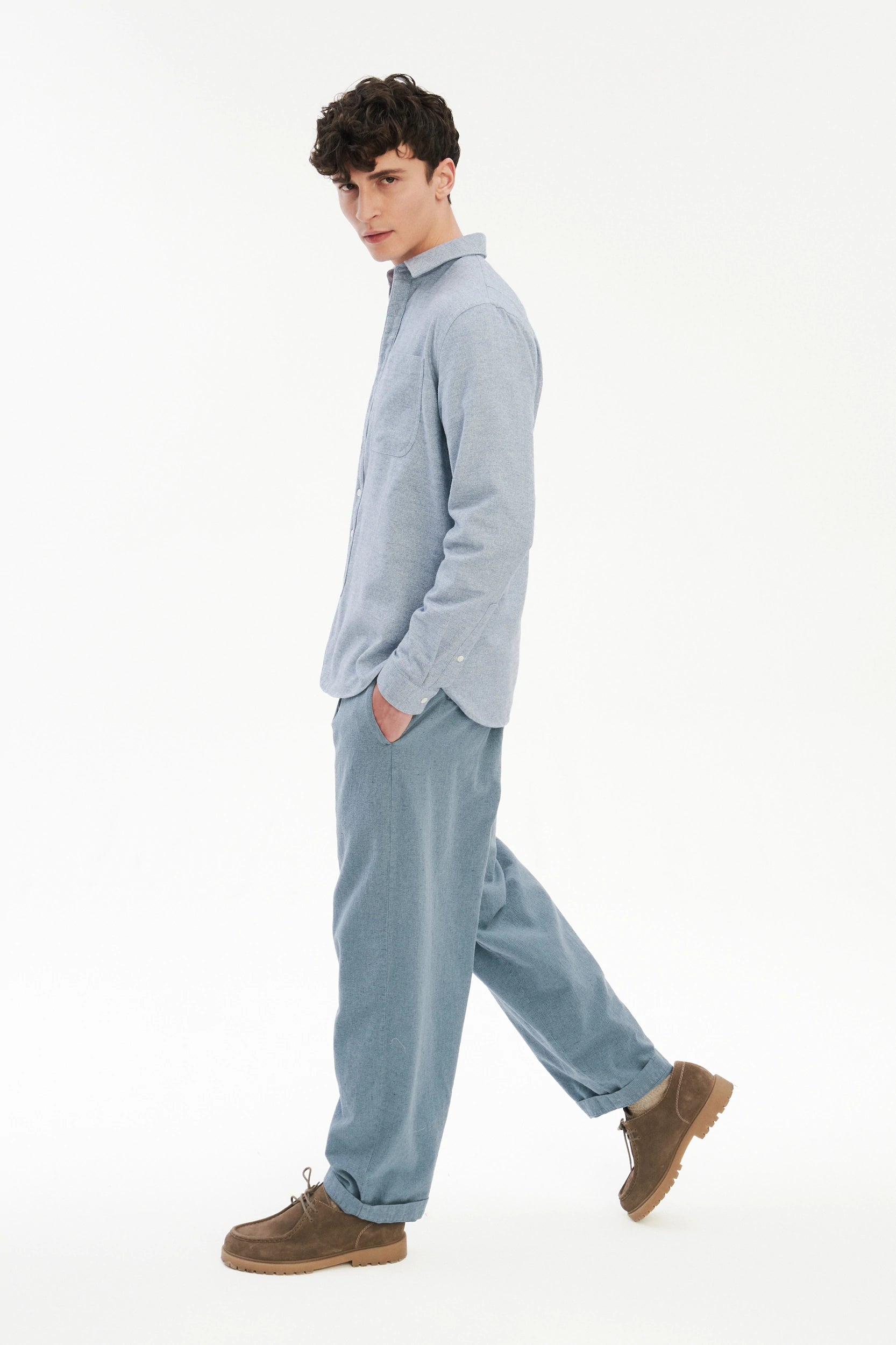 Farmer Shirt in a Fine Portuguese Brushed Blue Flannel