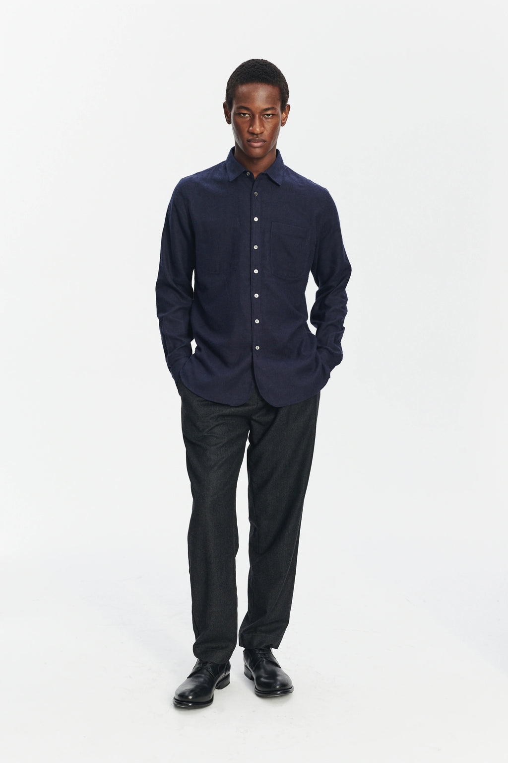 Farmer Shirt in a Deep Blue Unique Portuguese Cotton, Nettle and Lyocell Flannel