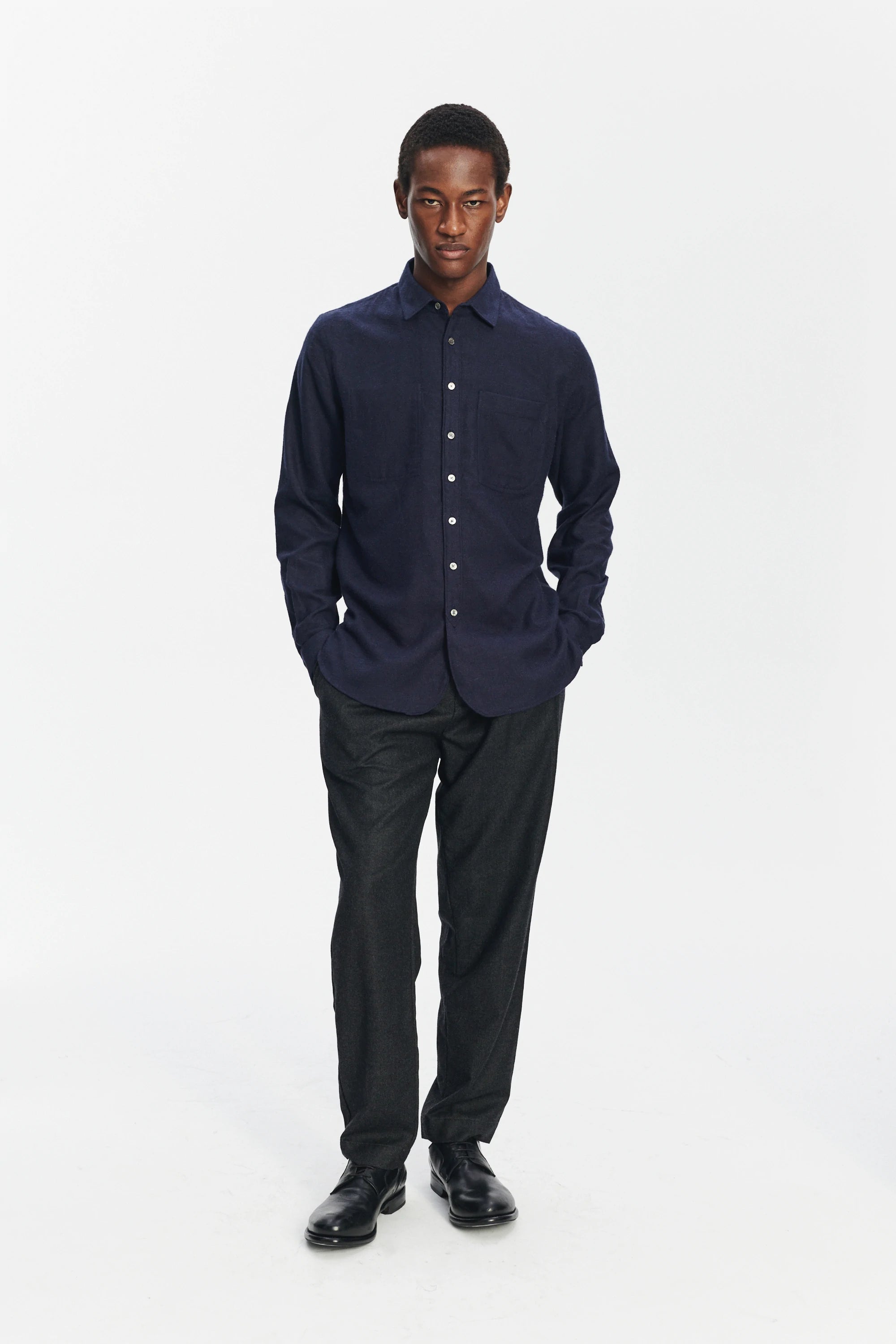 Farmer Shirt in a Deep Blue Unique Portuguese Cotton, Nettle and Lyocell Flannel