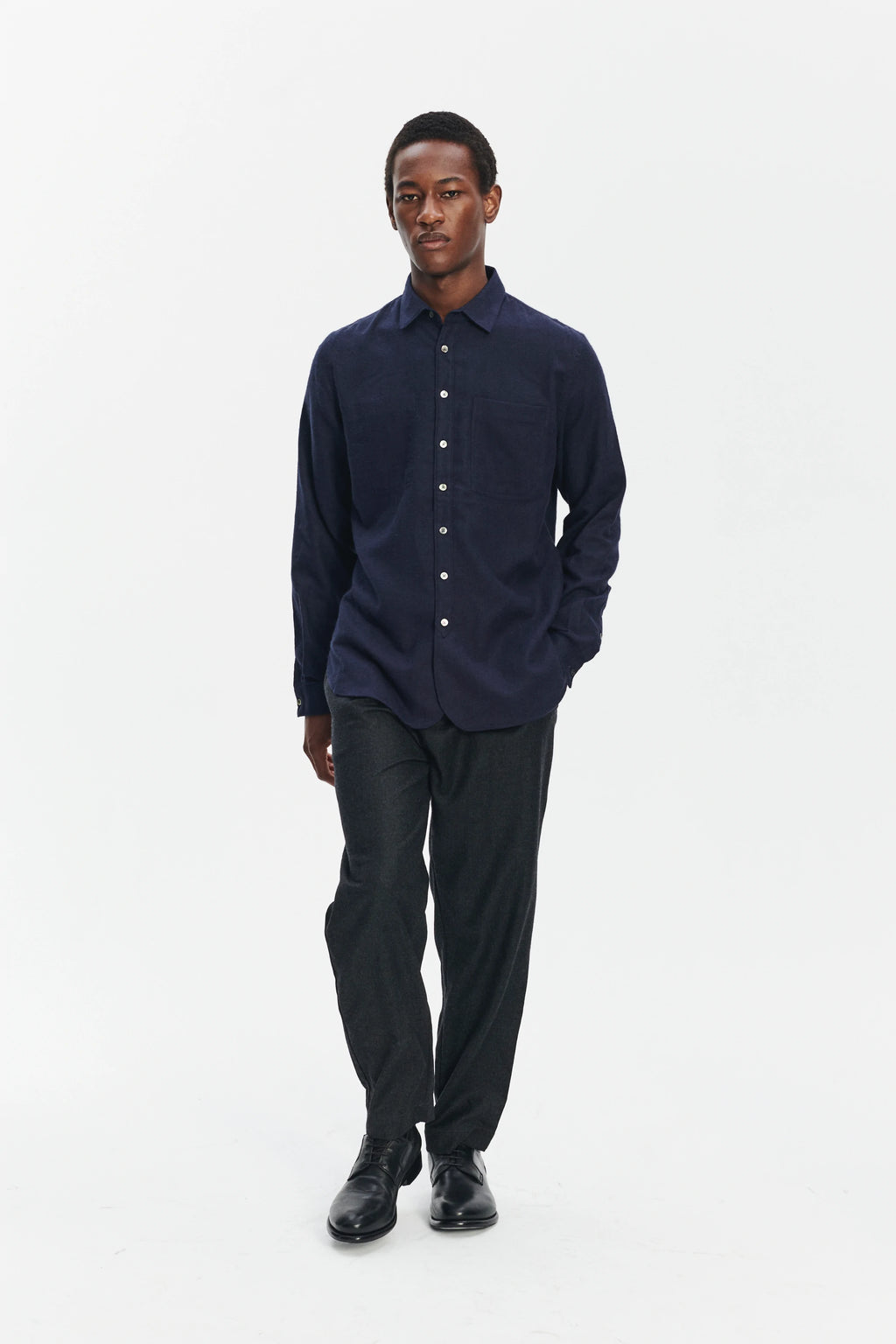 Farmer Shirt in a Deep Blue Unique Portuguese Cotton, Nettle and Lyocell Flannel