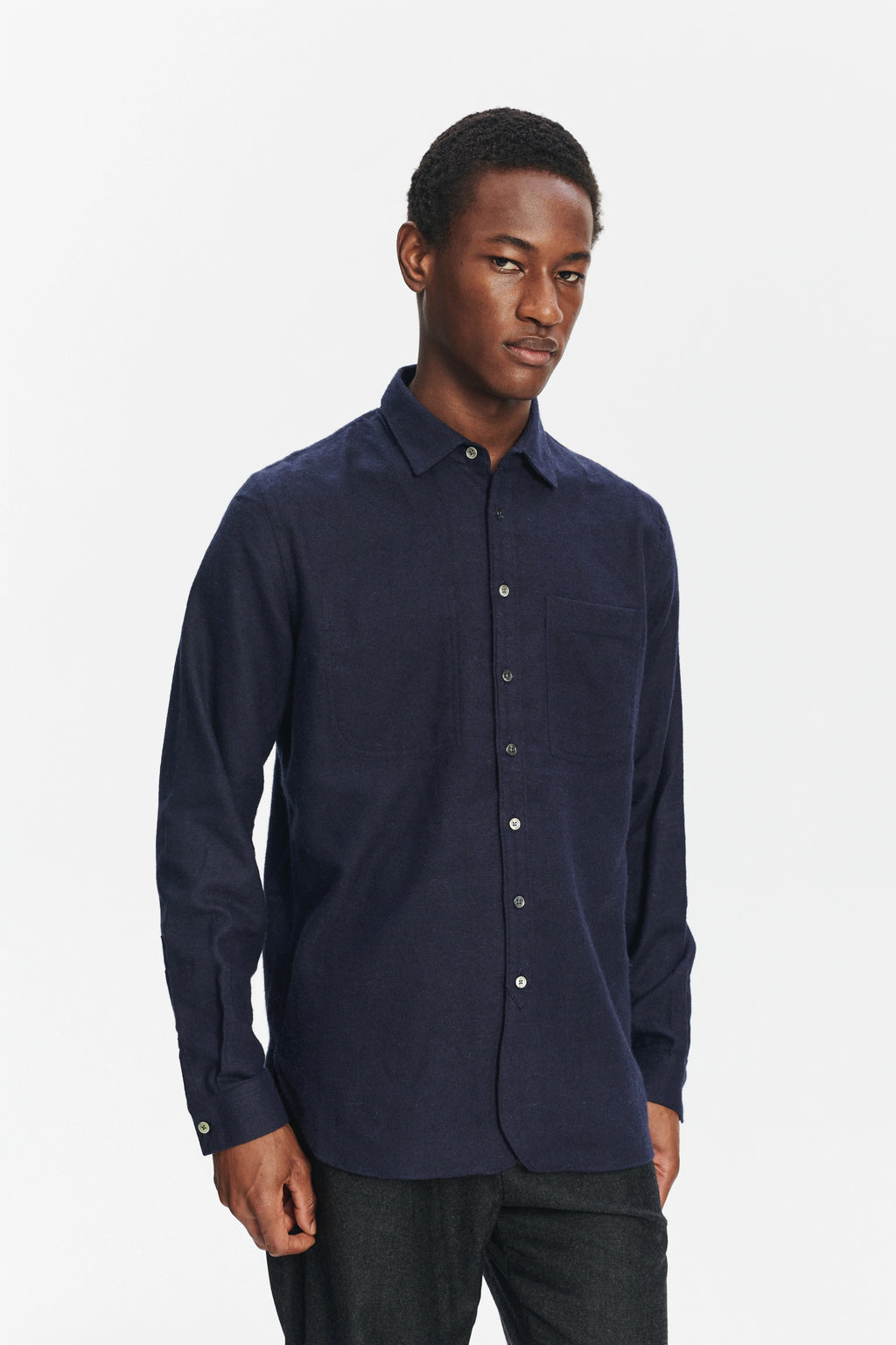 Farmer Shirt in a Deep Blue Unique Portuguese Cotton, Nettle and Lyocell Flannel